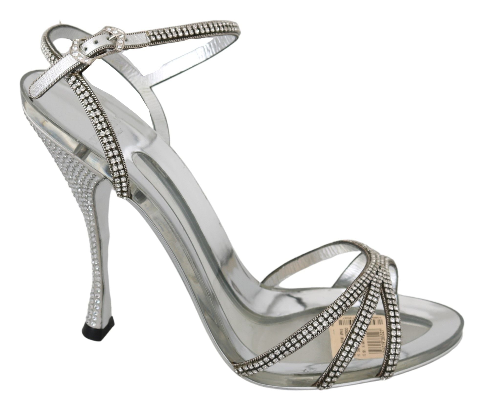 Silver Leather Ankle Strap Sandals with Crystals - ventzia