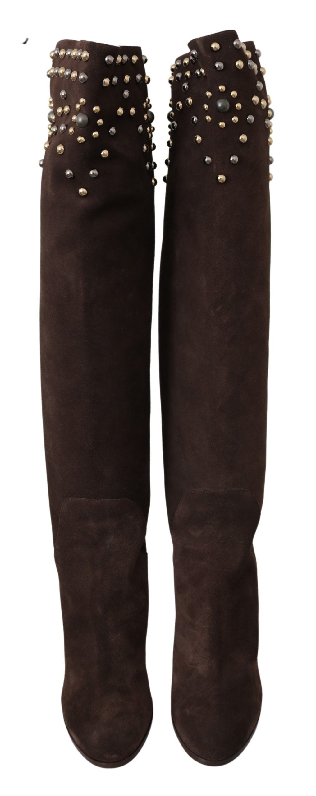 Studded Suede Knee High Boots in Brown - ventzia