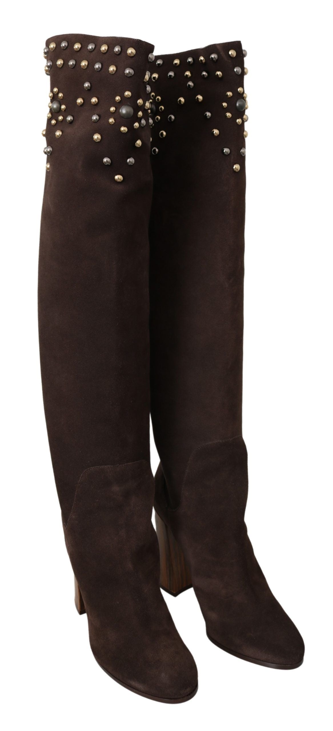 Studded Suede Knee High Boots in Brown - ventzia