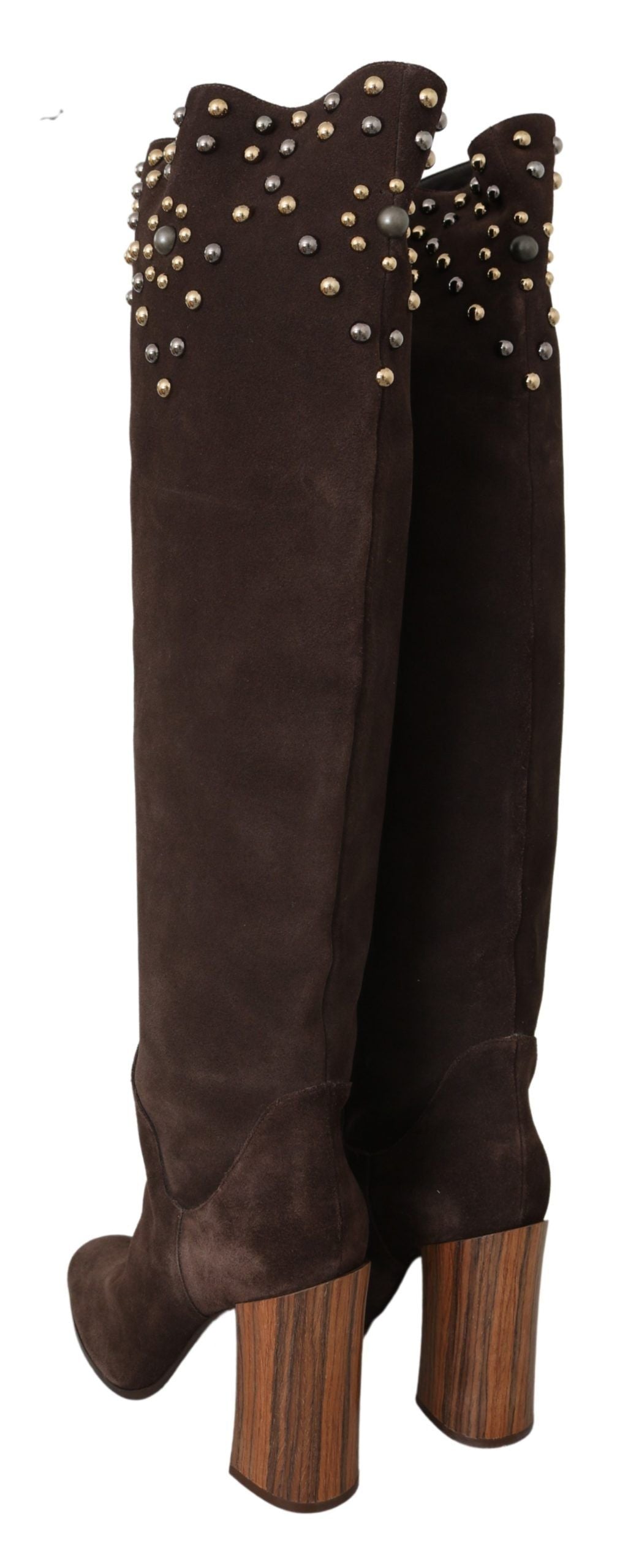 Studded Suede Knee High Boots in Brown - ventzia