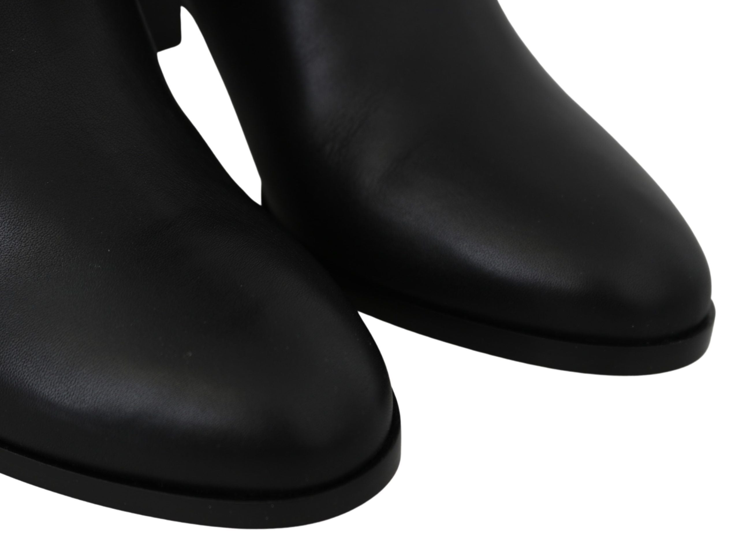 Elegant Black Calf Leather Heeled Boots - ventzia