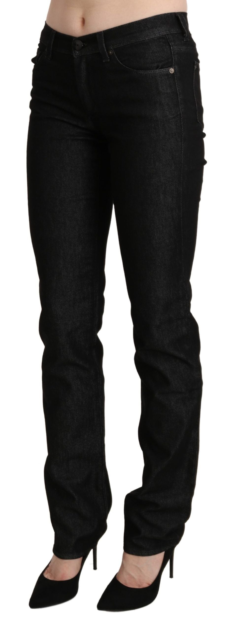 Black Mid Waist Skinny Slim Denim Trouser - ventzia