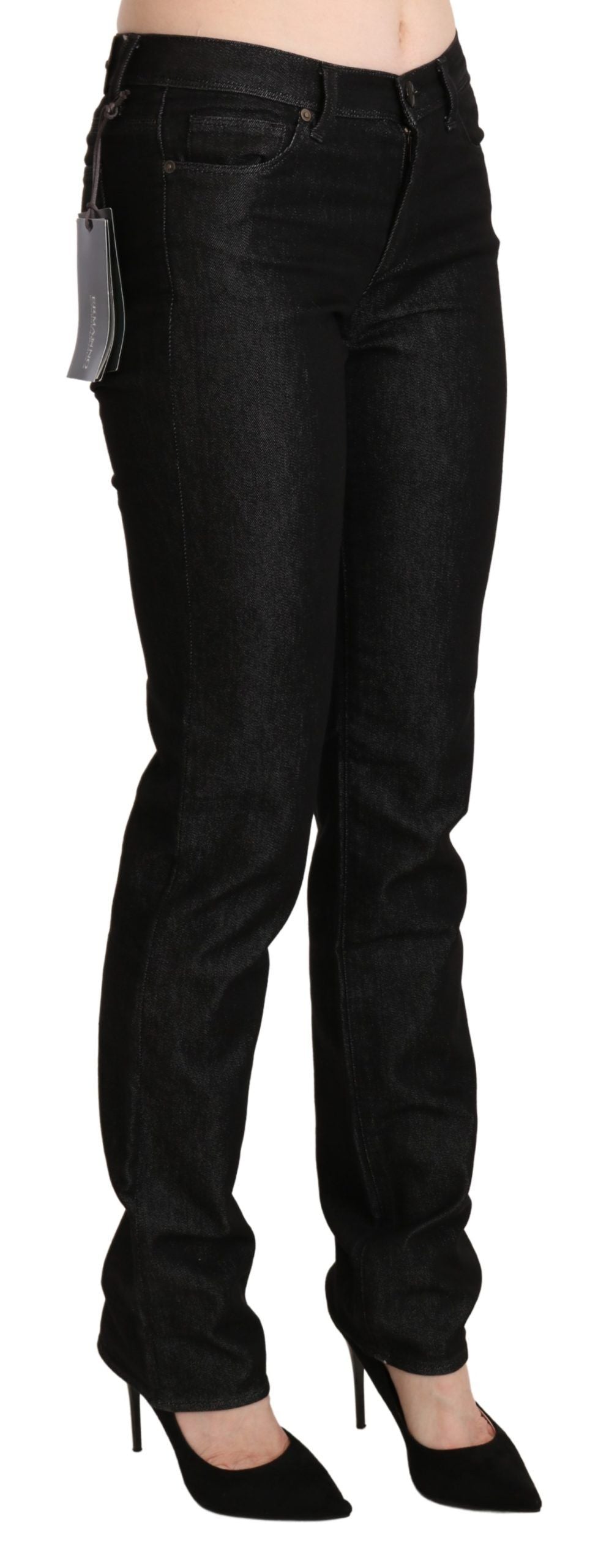 Black Mid Waist Skinny Slim Denim Trouser - ventzia
