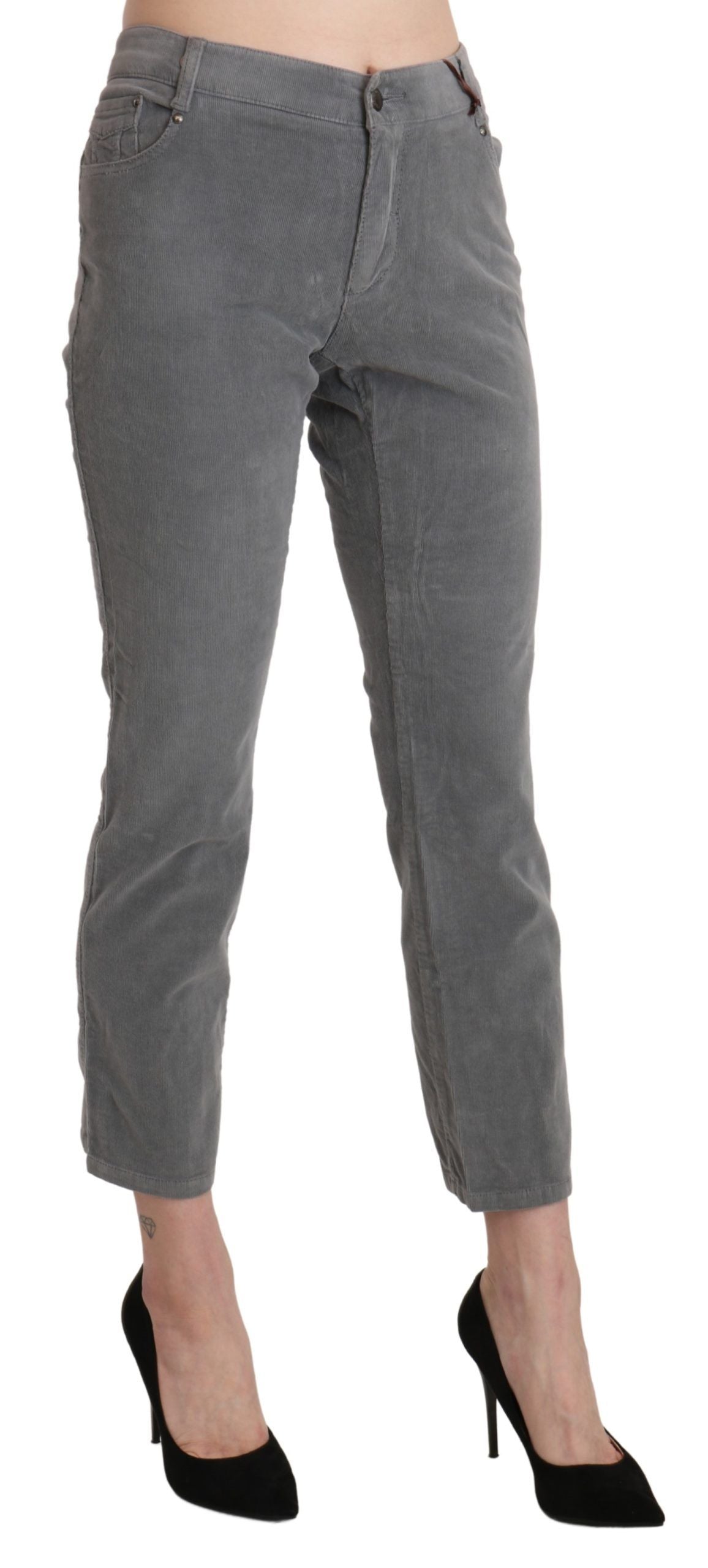 Chic Gray Mid Waist Cropped Trousers - ventzia