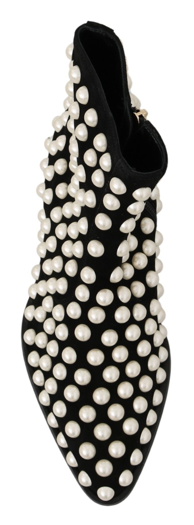 Chic Black Suede Ankle Boots with Pearls - ventzia