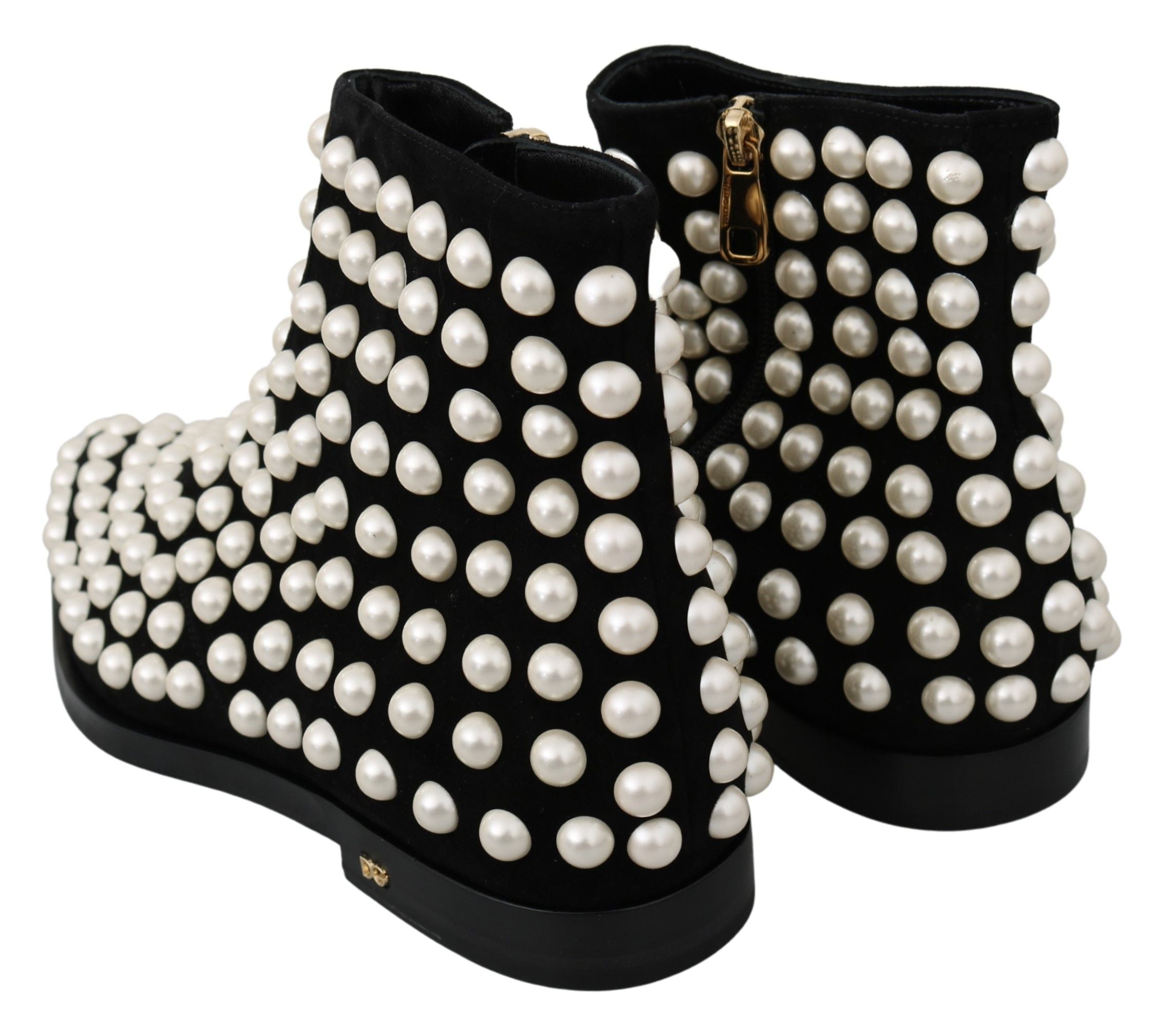 Chic Black Suede Ankle Boots with Pearls - ventzia