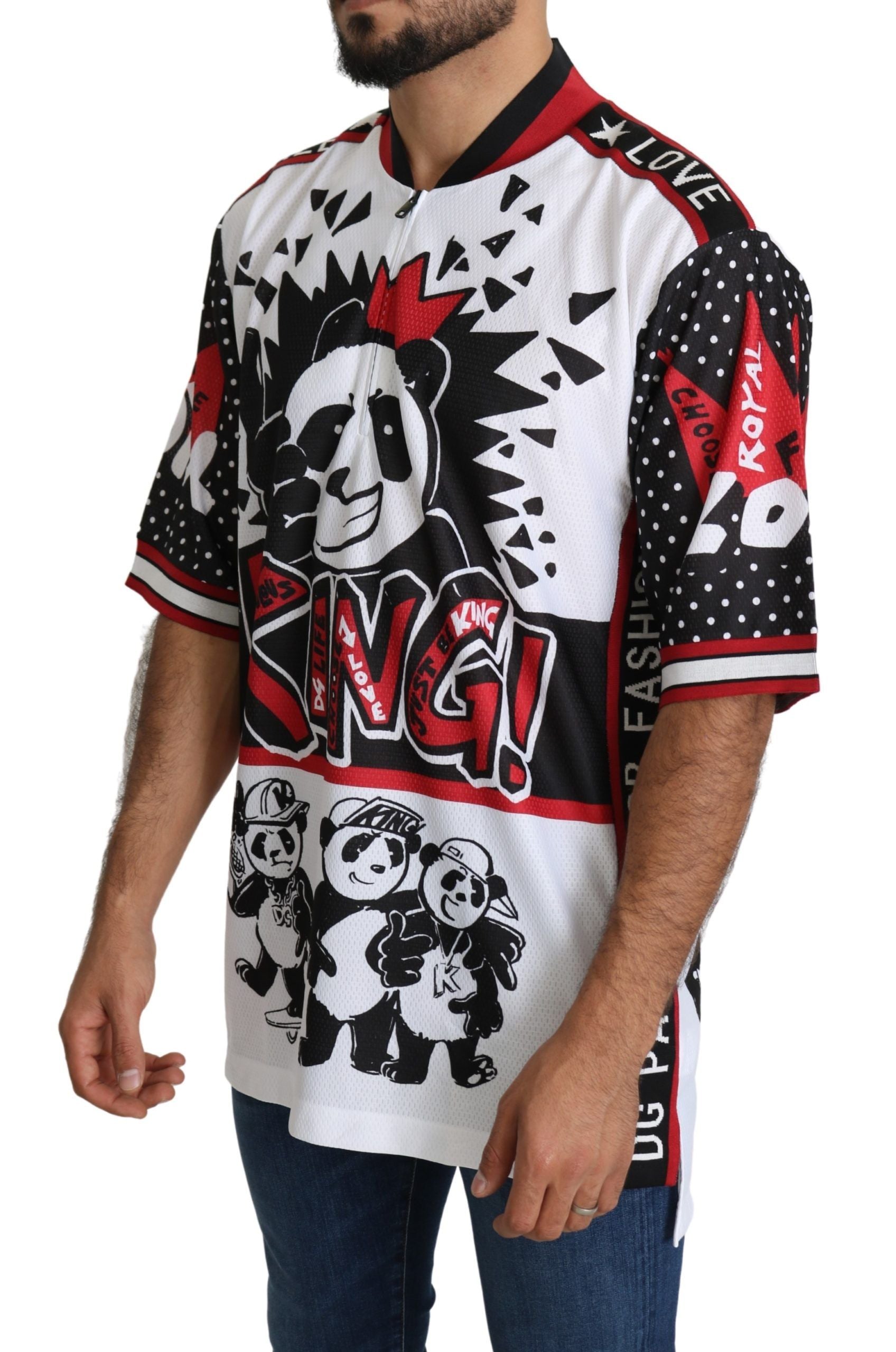 Chic White King Panda Print Zipper Collar Tee - ventzia
