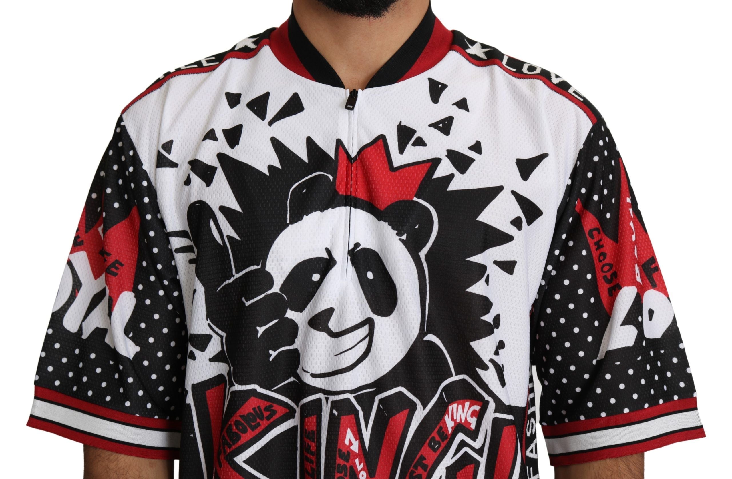 Chic White King Panda Print Zipper Collar Tee - ventzia