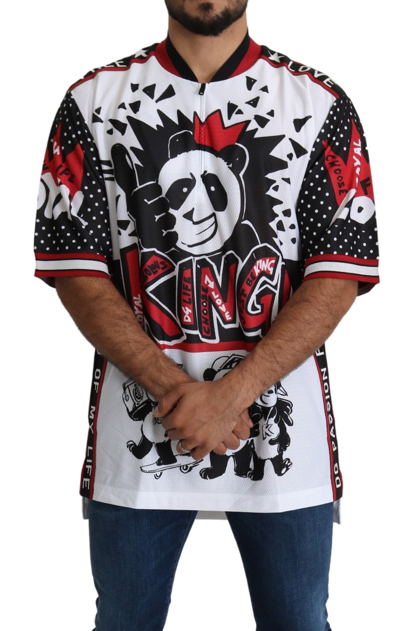Chic White King Panda Print Zipper Collar Tee - ventzia