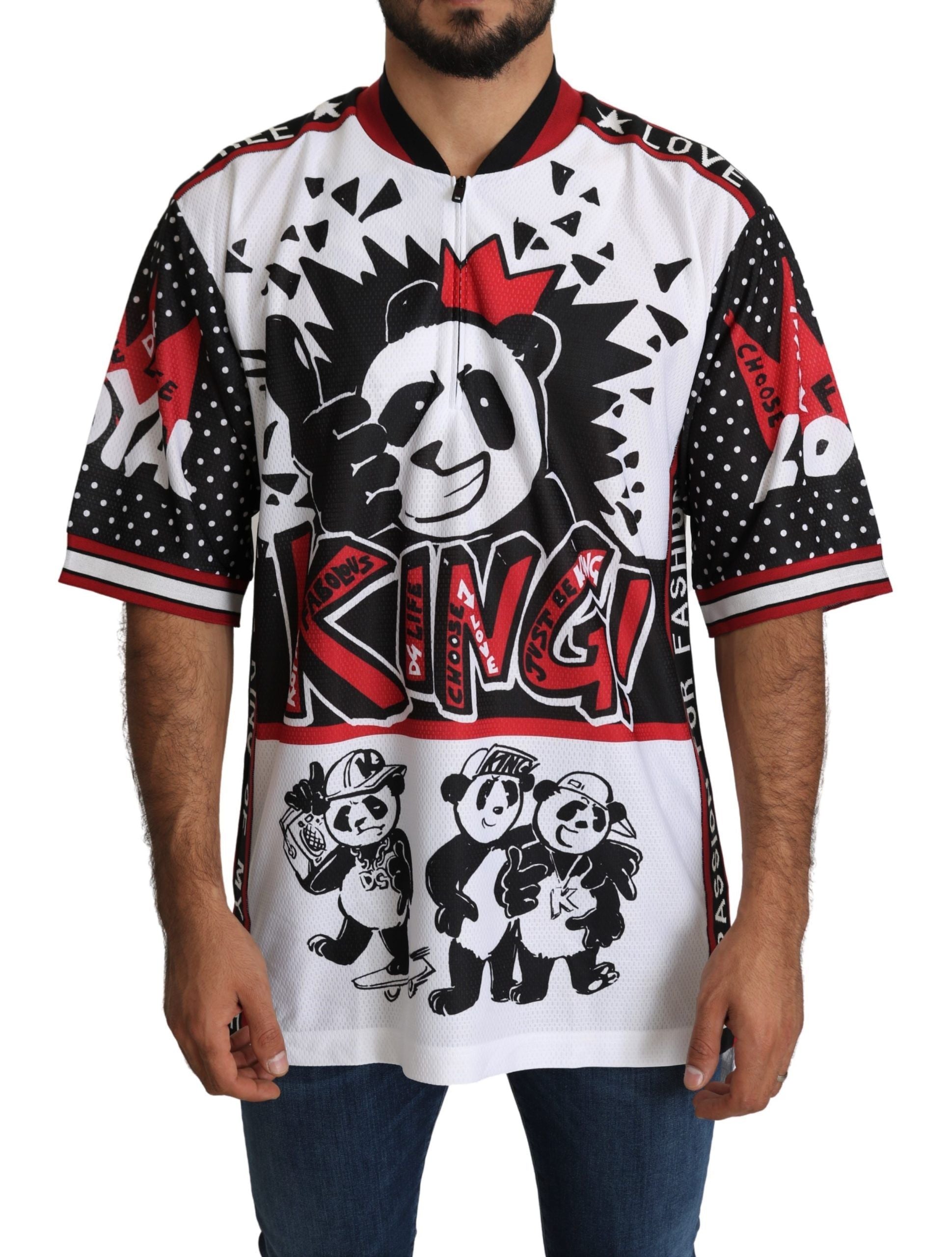 Chic White King Panda Print Zipper Collar Tee - ventzia