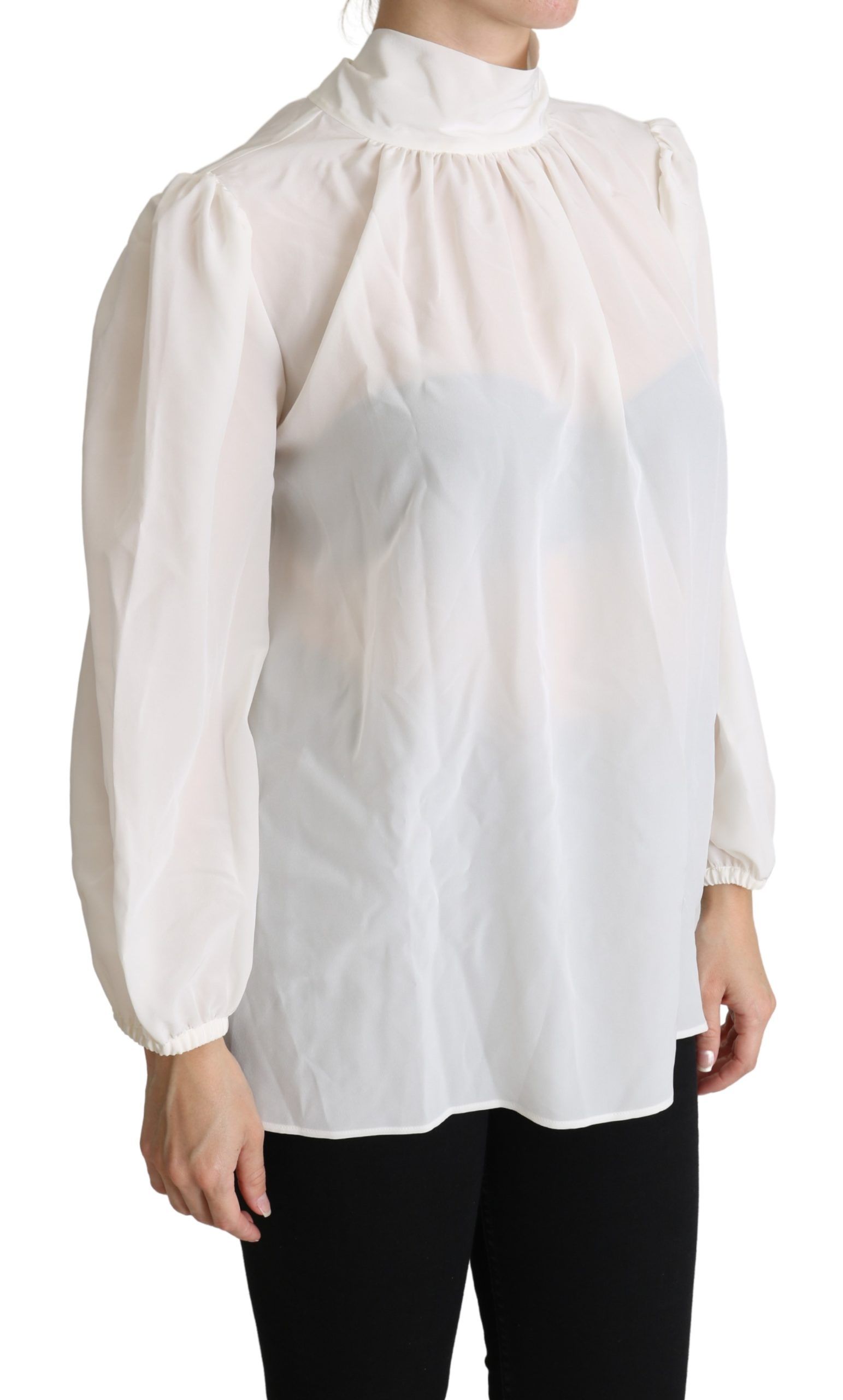 White Silk Pussy Bow Long Sleeved Top Blouse - ventzia