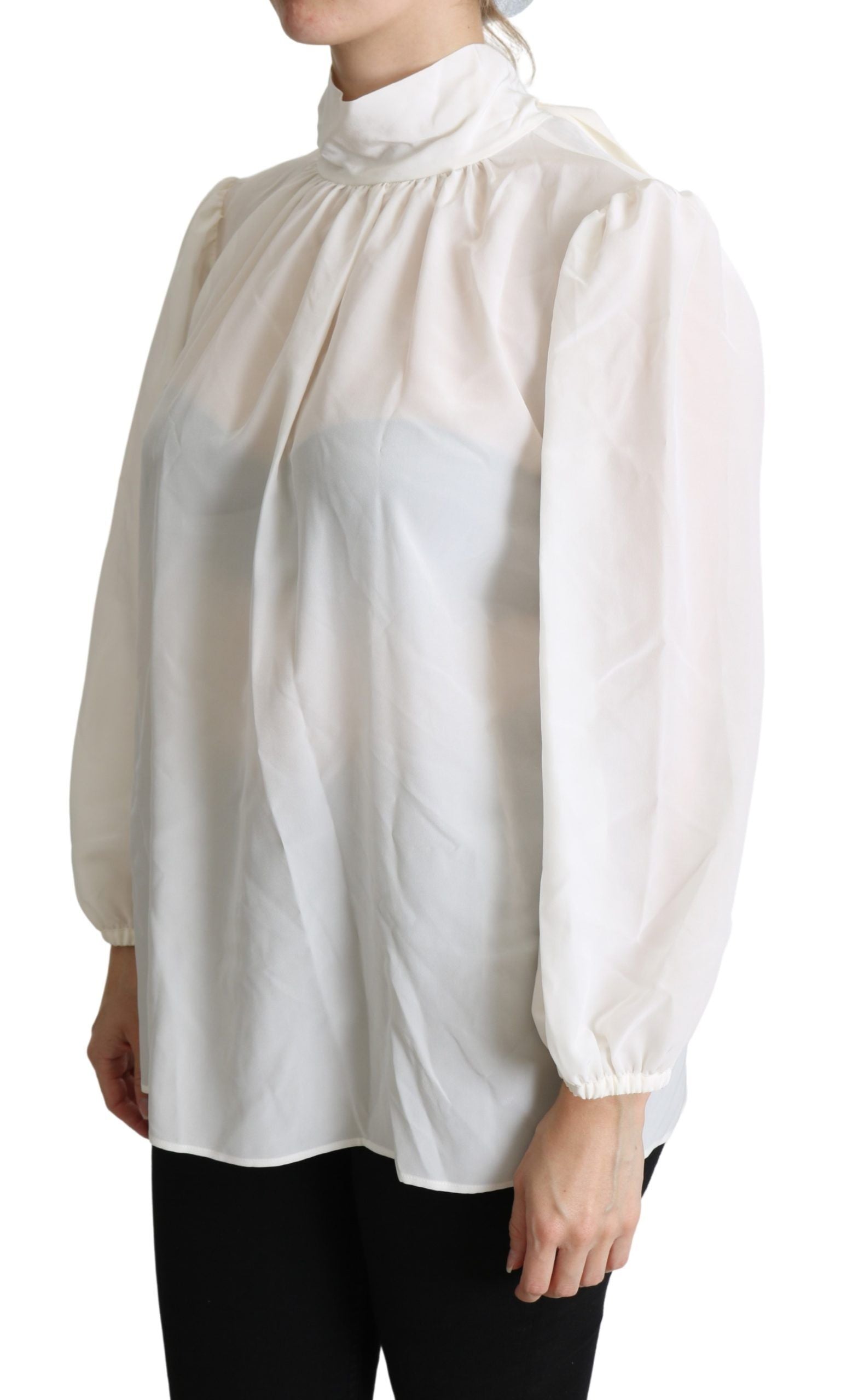 White Silk Pussy Bow Long Sleeved Top Blouse - ventzia