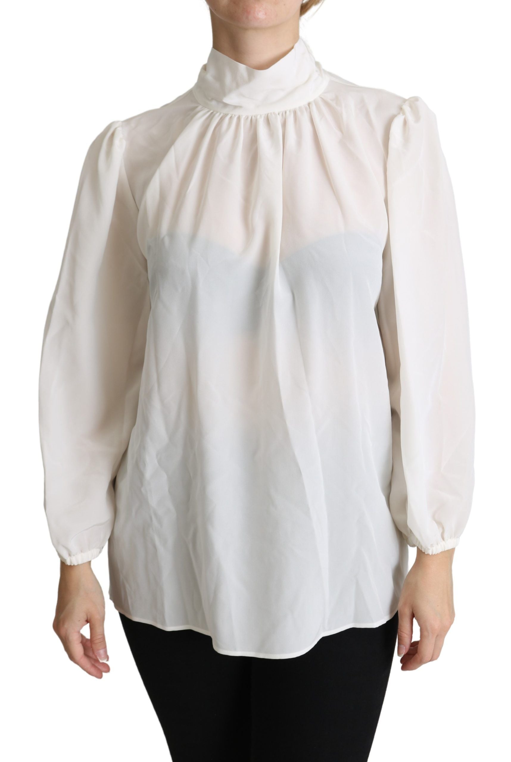 White Silk Pussy Bow Long Sleeved Top Blouse - ventzia