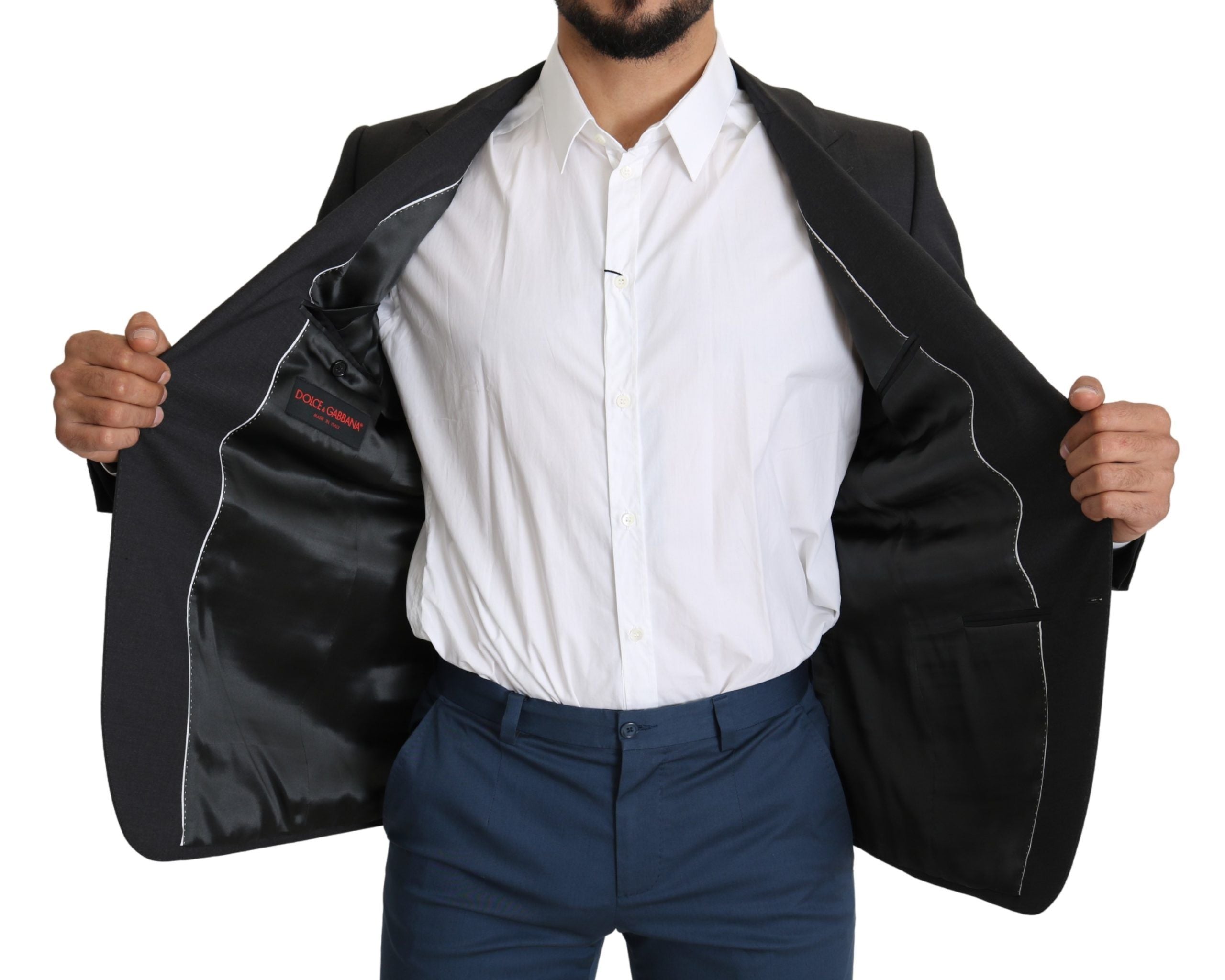 Elegant Gray Wool Silk Blend Slim Fit Blazer - ventzia