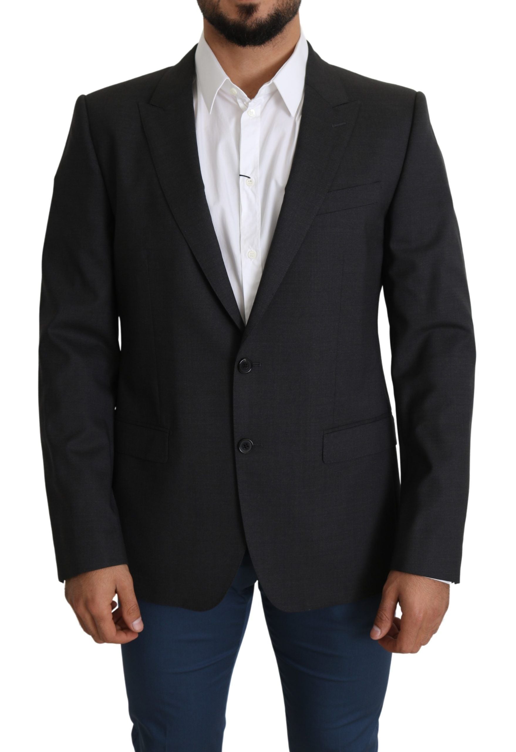 Elegant Gray Wool Silk Blend Slim Fit Blazer - ventzia
