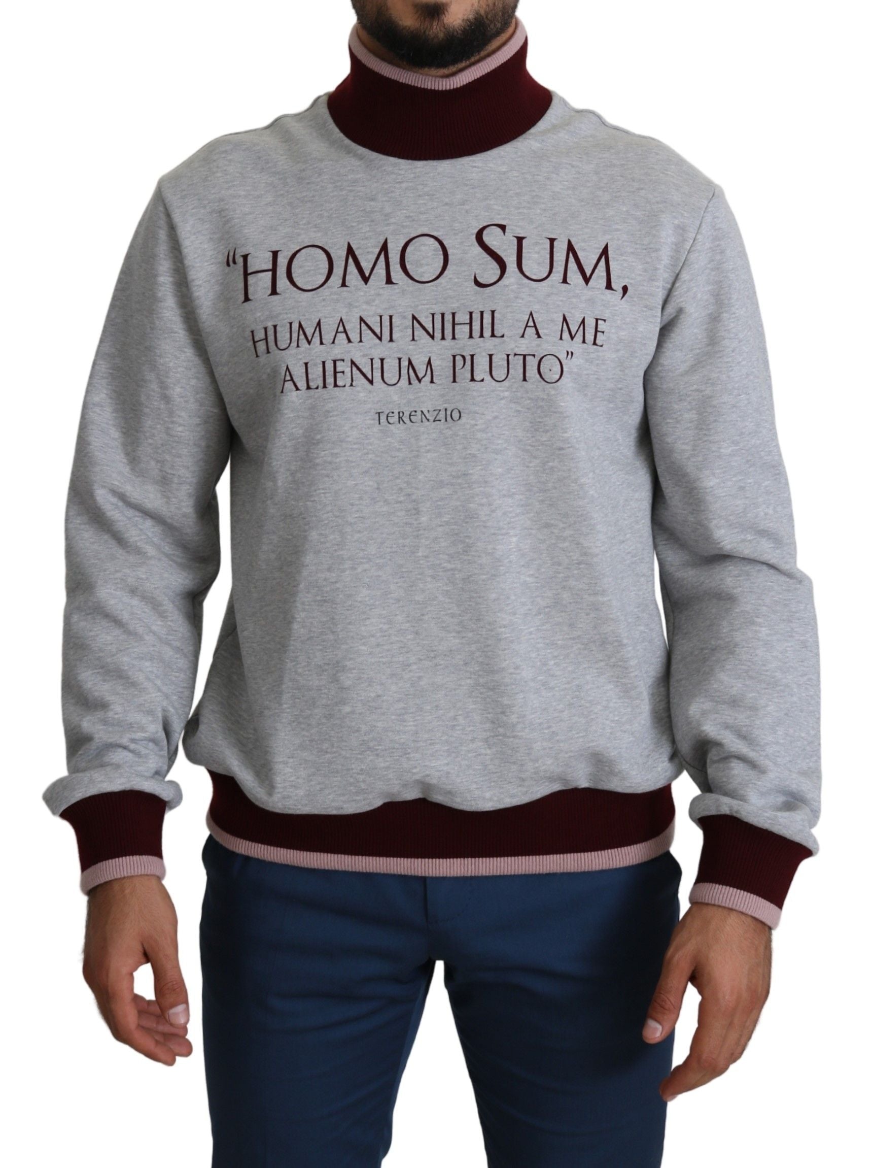 Elegant Gray Turtleneck Latin Motif Pullover - ventzia