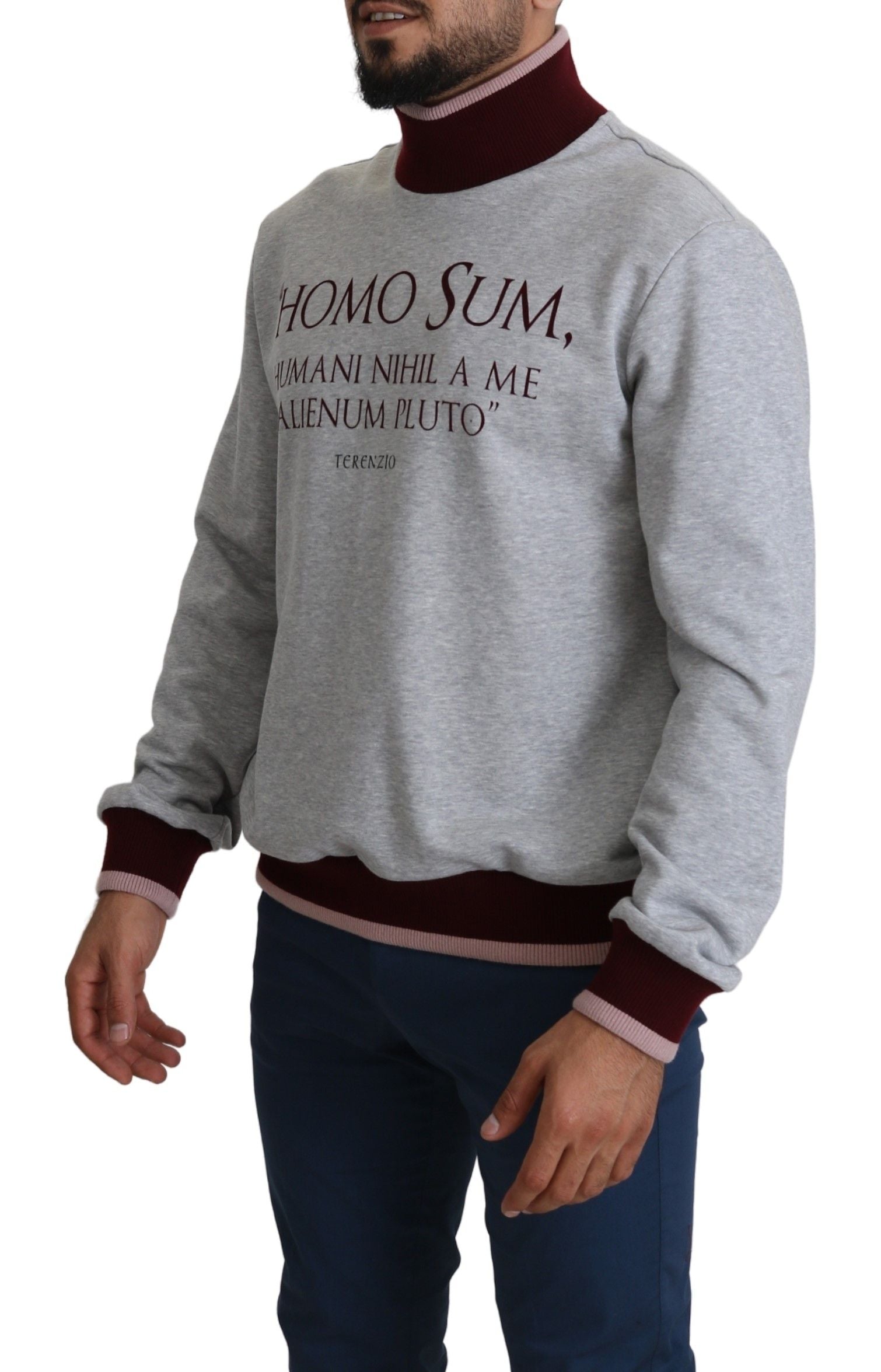 Elegant Gray Turtleneck Latin Motif Pullover - ventzia
