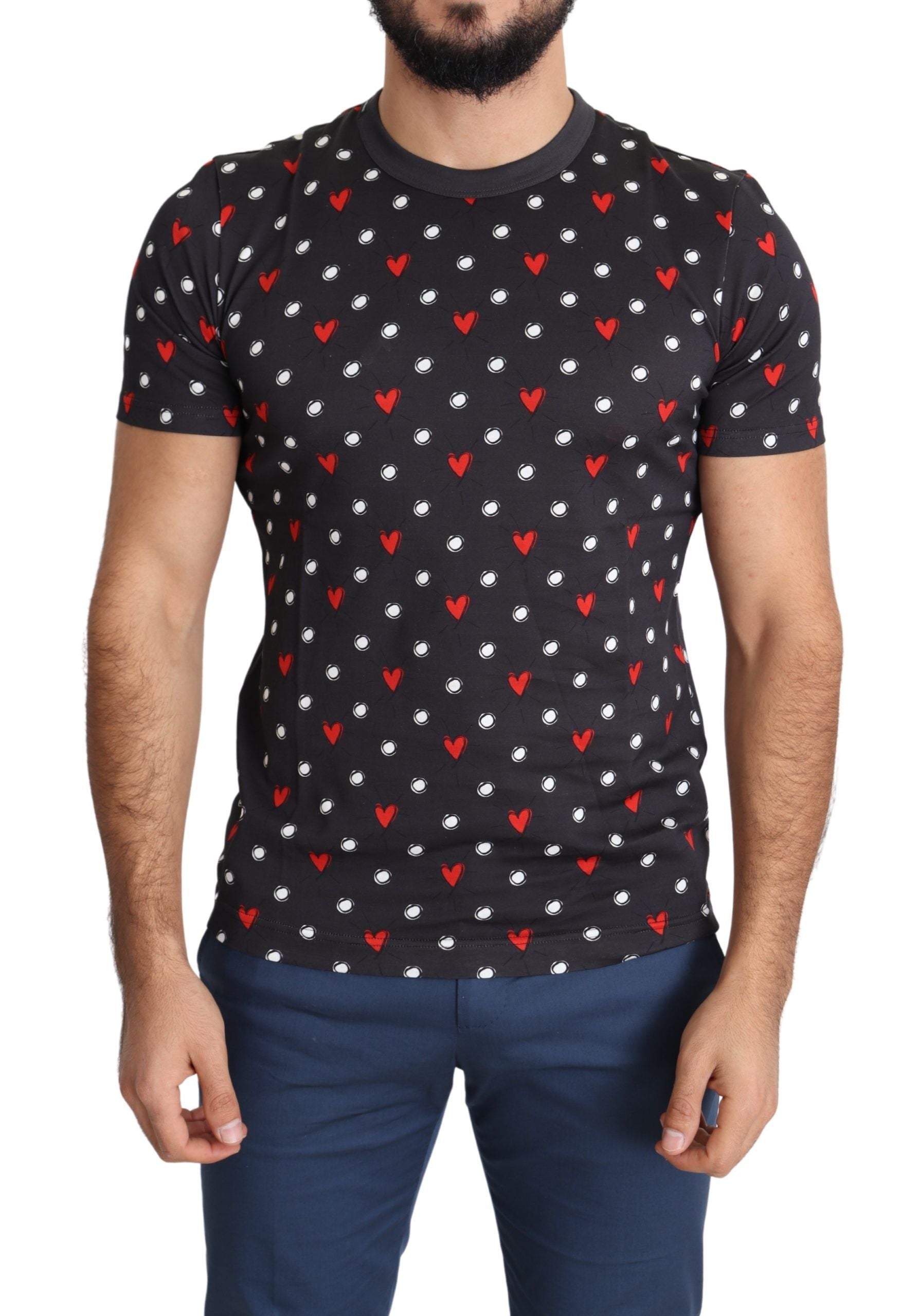 Chic Gray Cotton T-Shirt with Heart Prints - ventzia