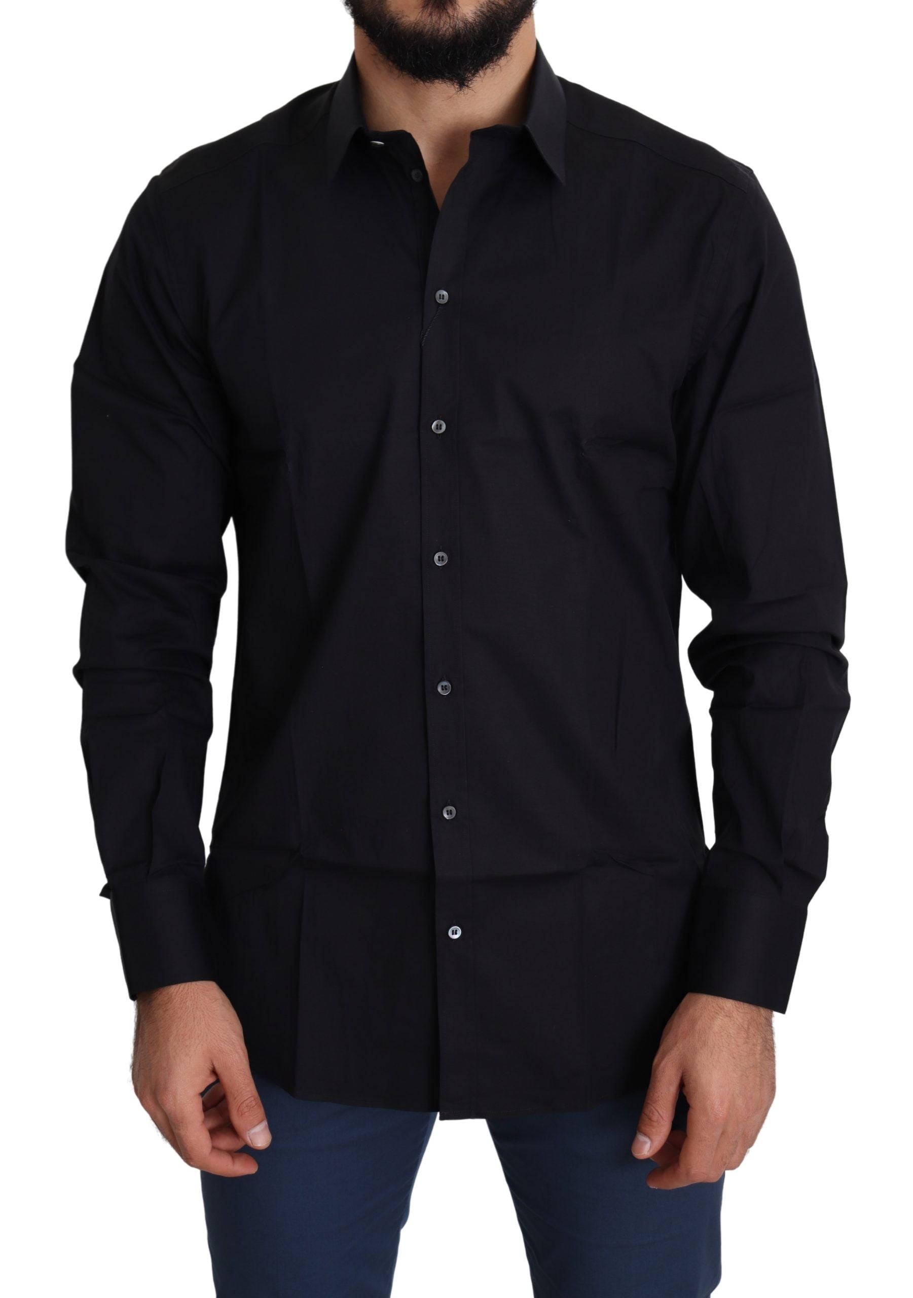 Elegant Black Cotton Stretch Dress Shirt - ventzia