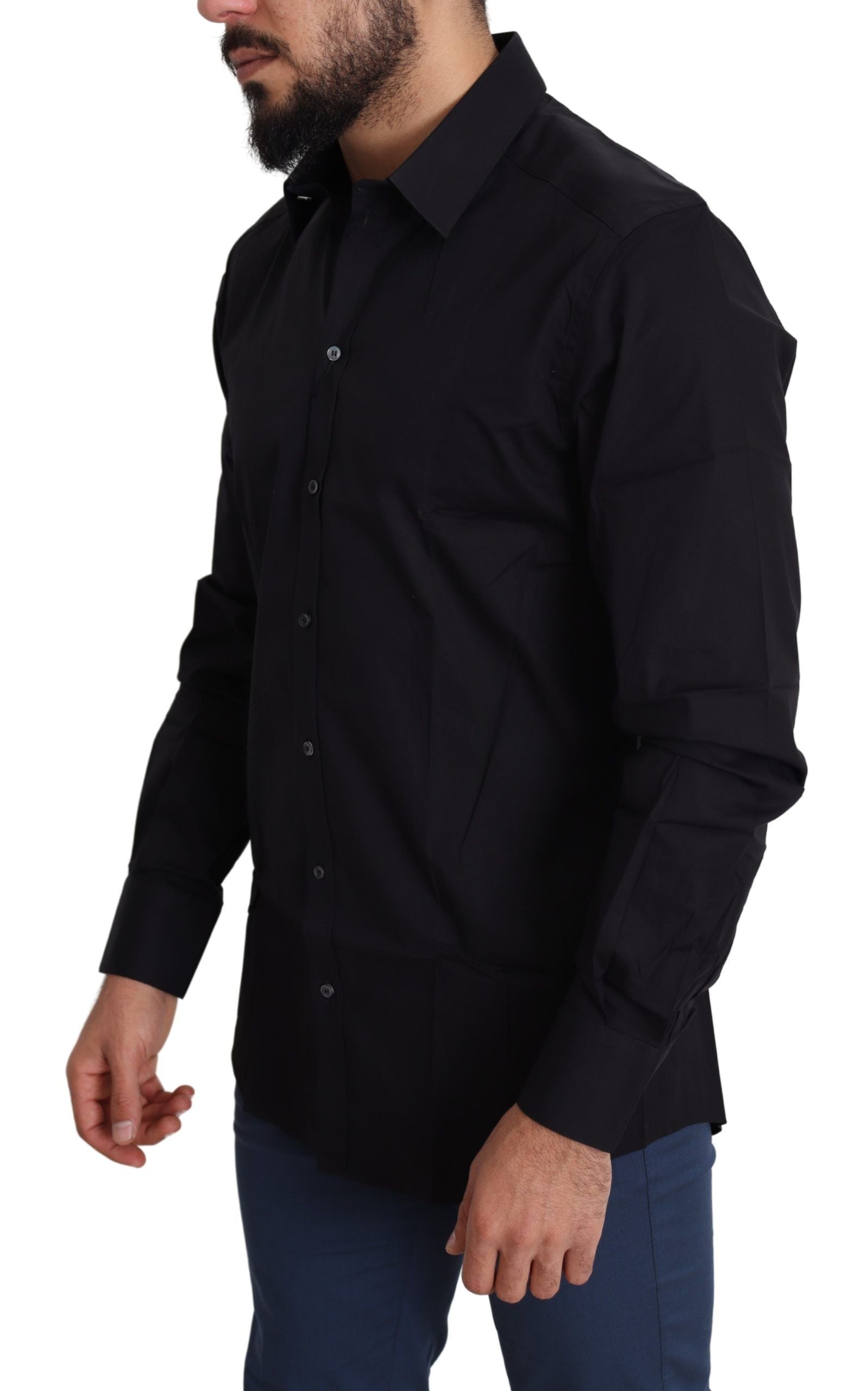 Elegant Black Cotton Stretch Dress Shirt - ventzia