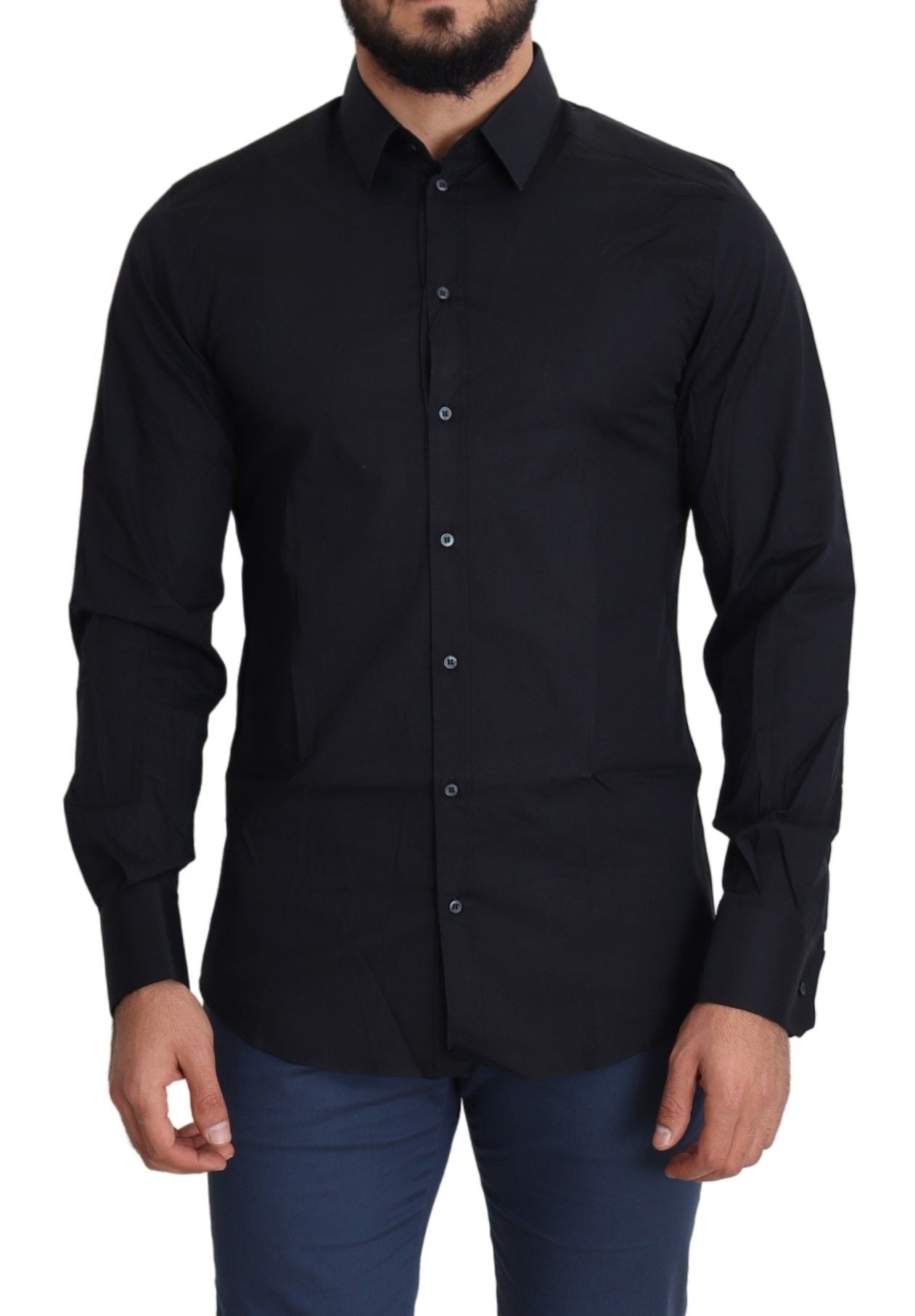 Sleek Black Slim Fit Cotton Stretch Dress Shirt - ventzia