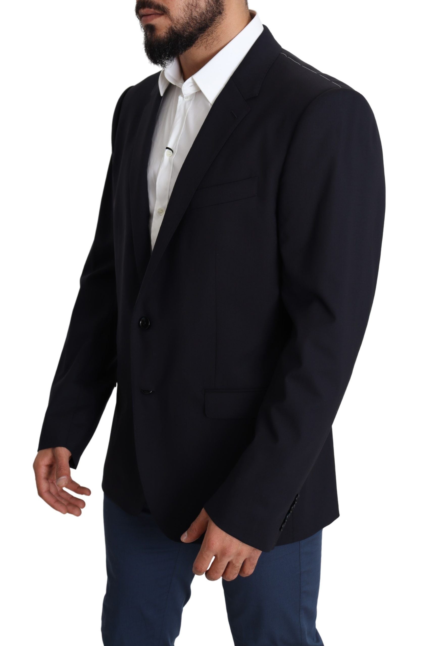 Exquisite Black Wool Stretch Martini Blazer - ventzia