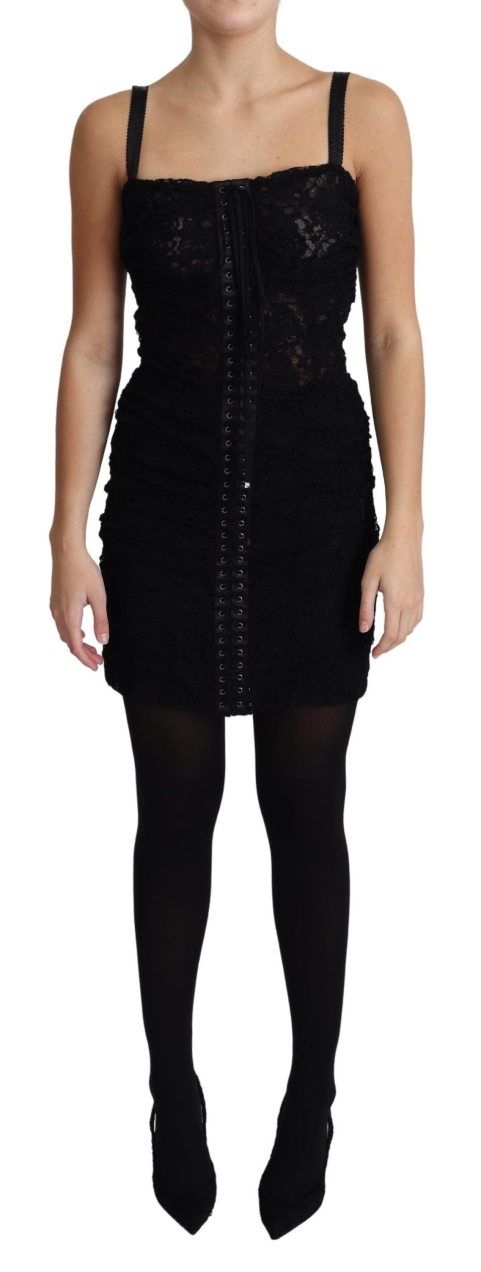 Elegant Black Lace Bustier Mini Dress - ventzia