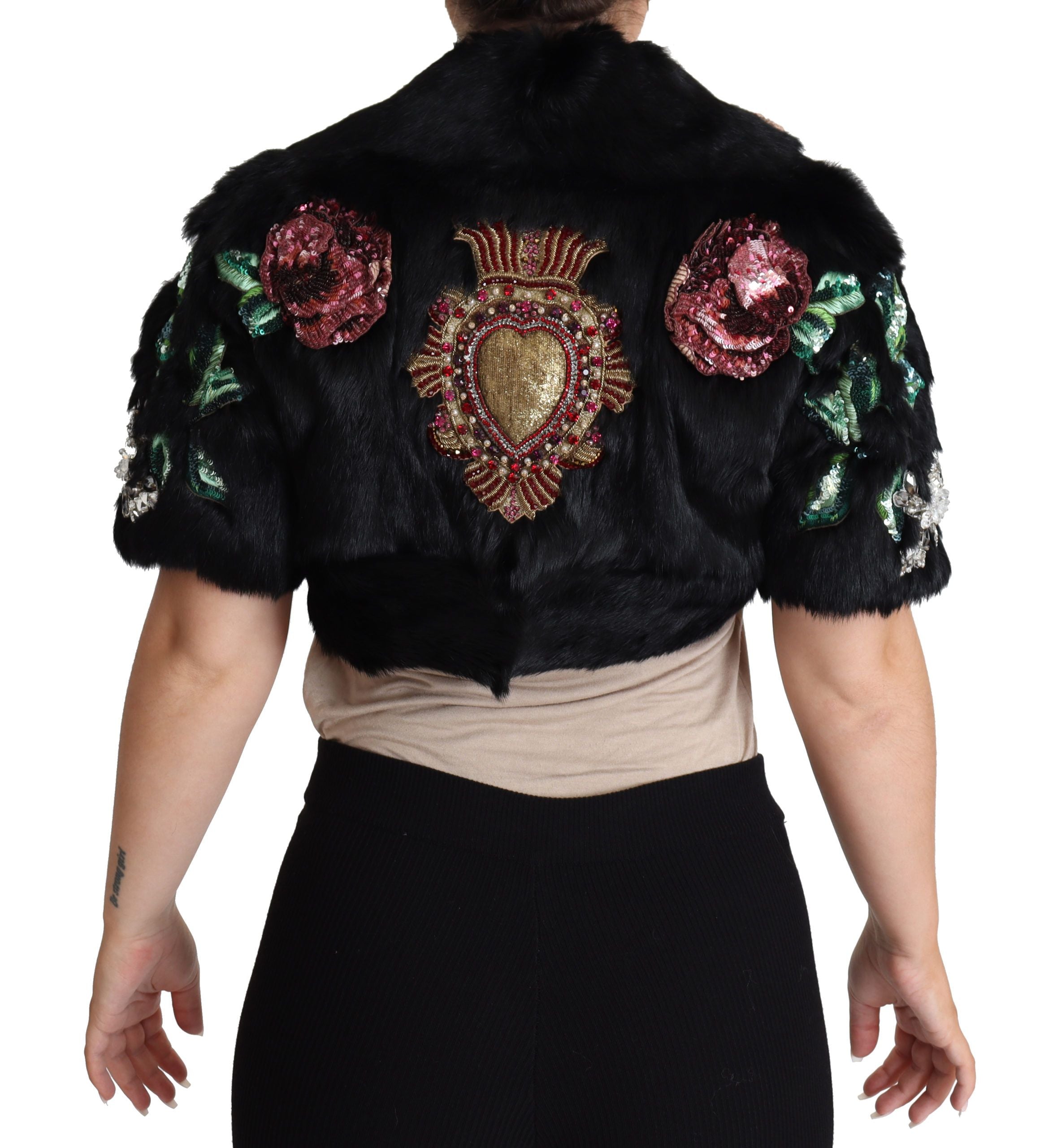 Elegant Black Rabbit Fur Crystal Jacket - ventzia