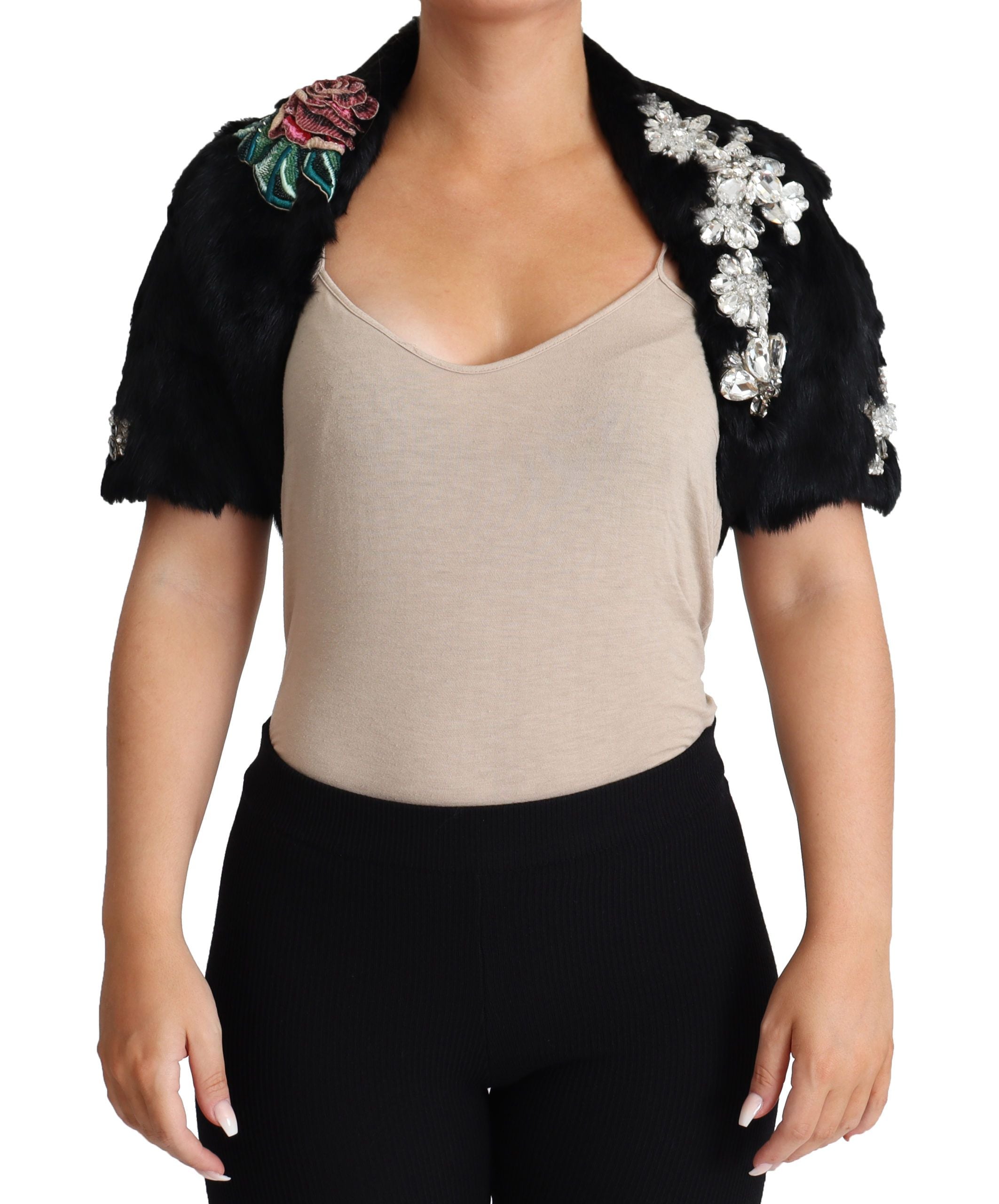 Elegant Black Rabbit Fur Crystal Jacket - ventzia