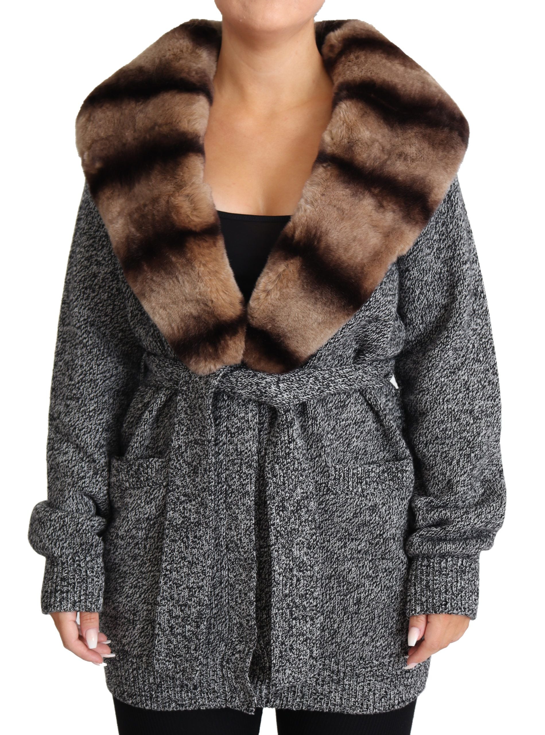 Elegant Cashmere Cardigan with Rabbit Fur Collar - ventzia