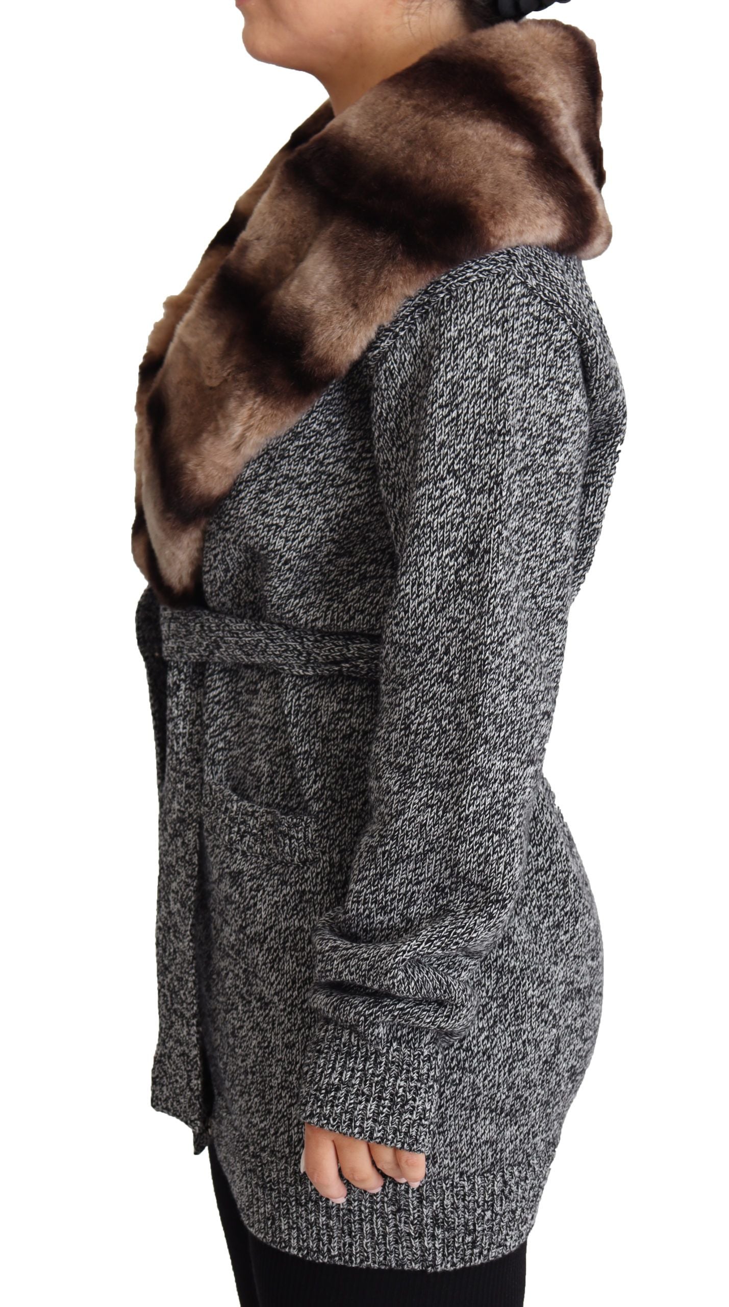 Elegant Cashmere Cardigan with Rabbit Fur Collar - ventzia