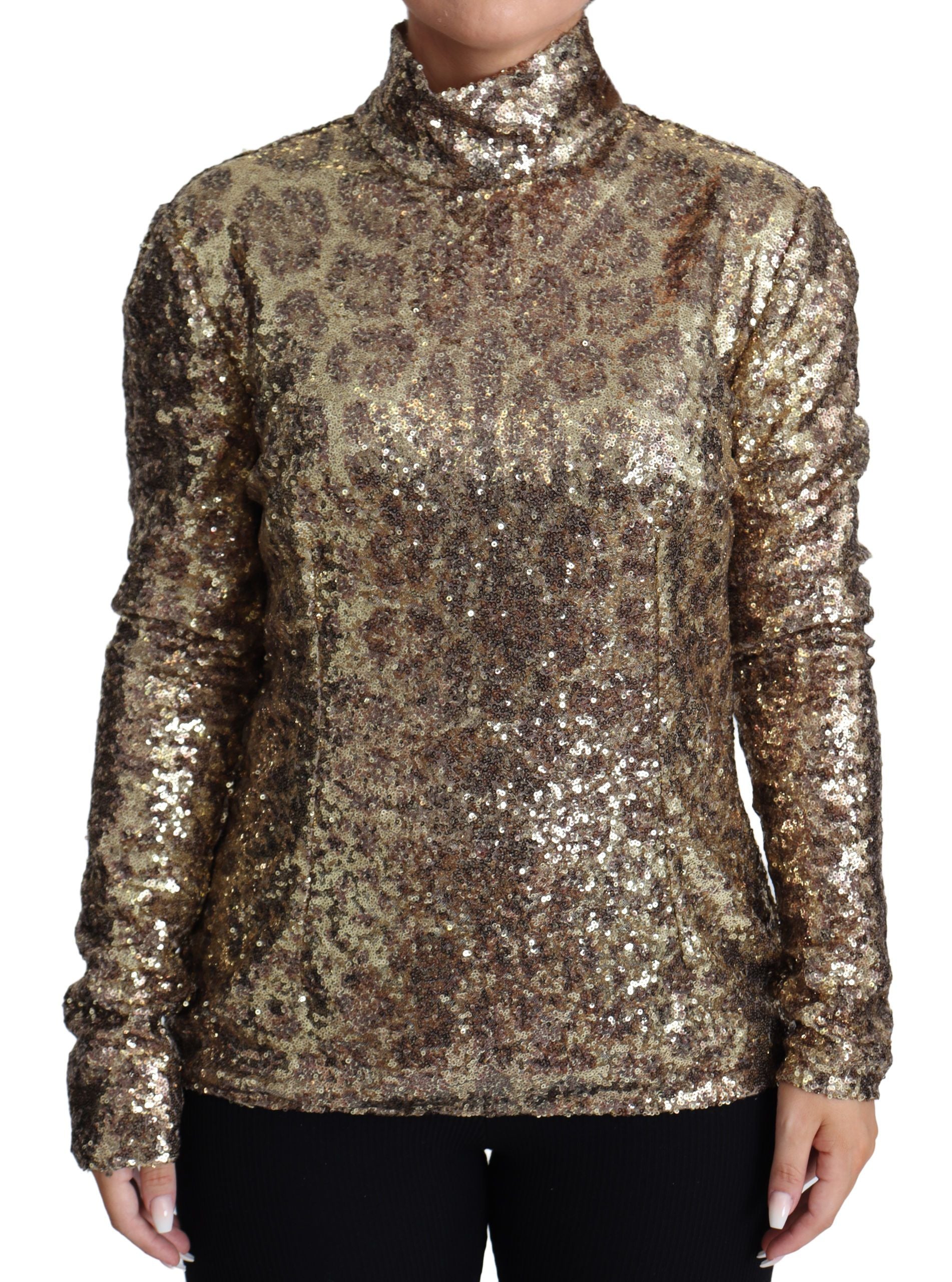 Sequined Turtleneck Full Zip Sweater in Brown - ventzia