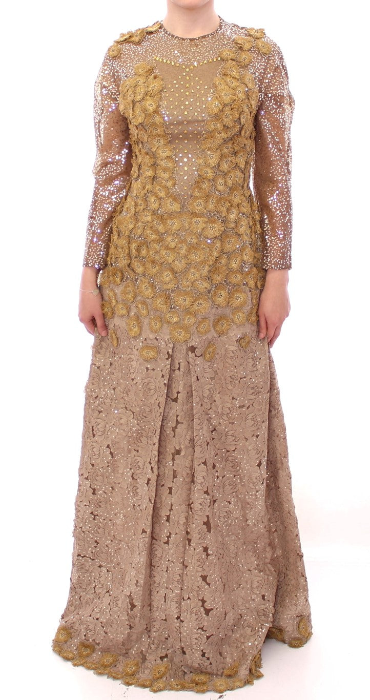 Exquisite Gold Lace Maxi Dress with Crystals - ventzia
