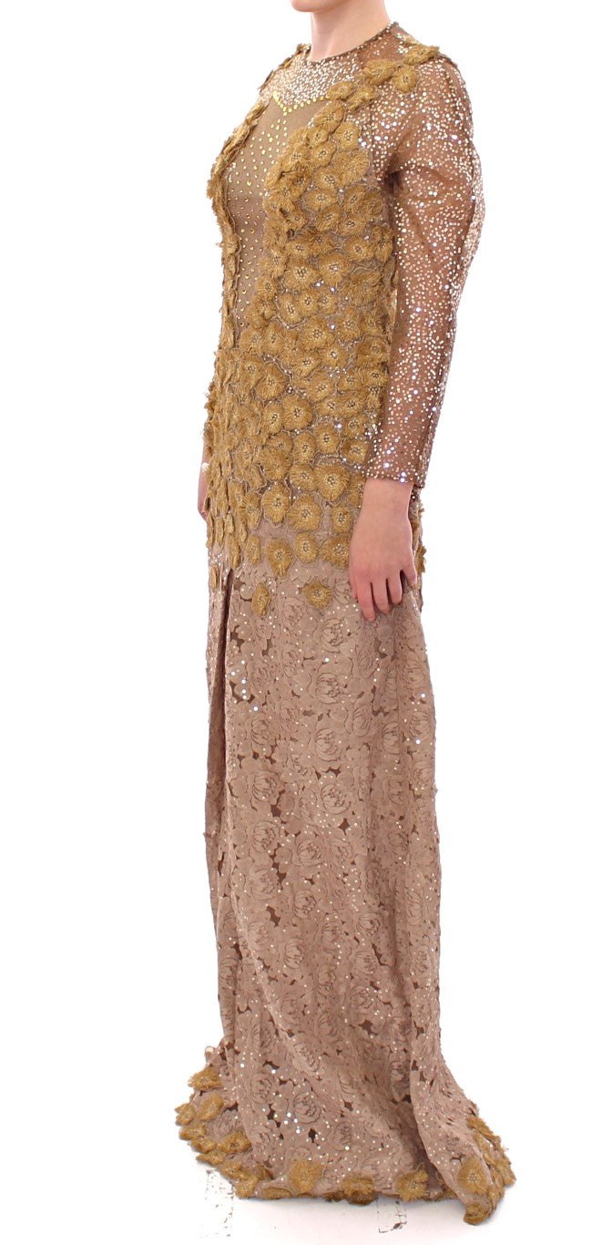 Exquisite Gold Lace Maxi Dress with Crystals - ventzia