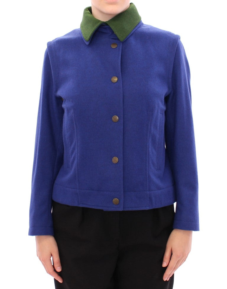 Elegant Blue Wool Jacket with Removable Collar - ventzia