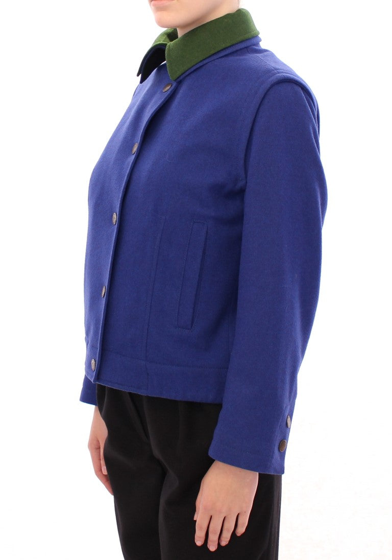 Elegant Blue Wool Jacket with Removable Collar - ventzia