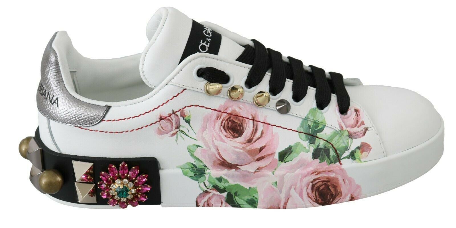Floral Crystal-Embellished Leather Sneakers - ventzia