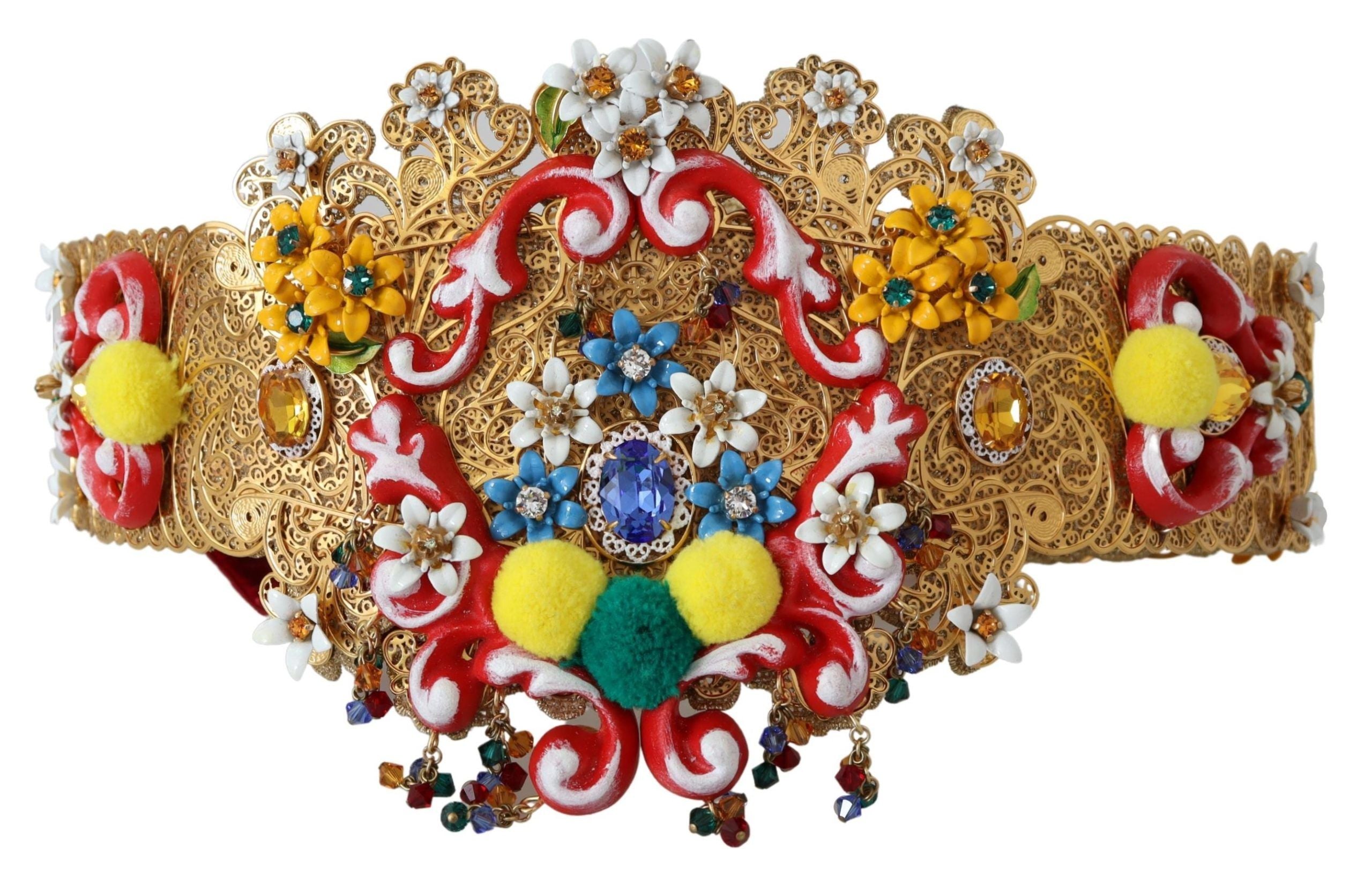 Gold-Tone Floral Crystal Waist Belt - ventzia