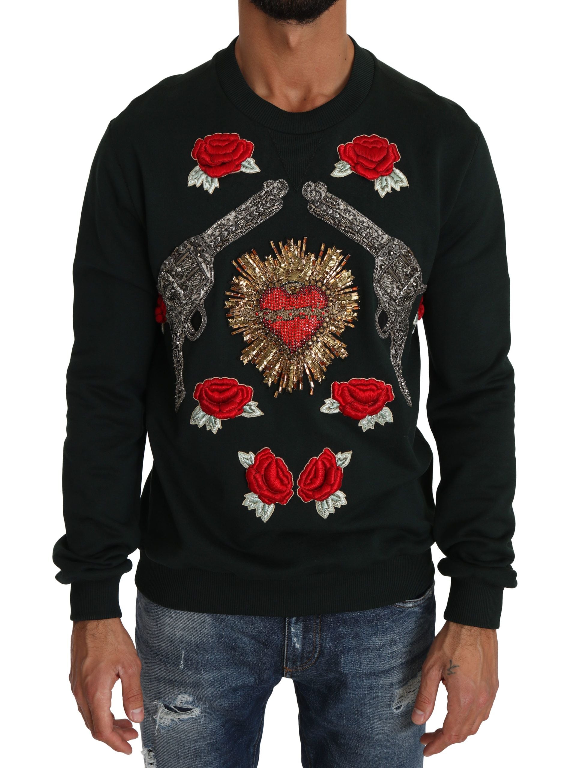 Emerald Cotton Sweater with Crystal Embroidery - ventzia