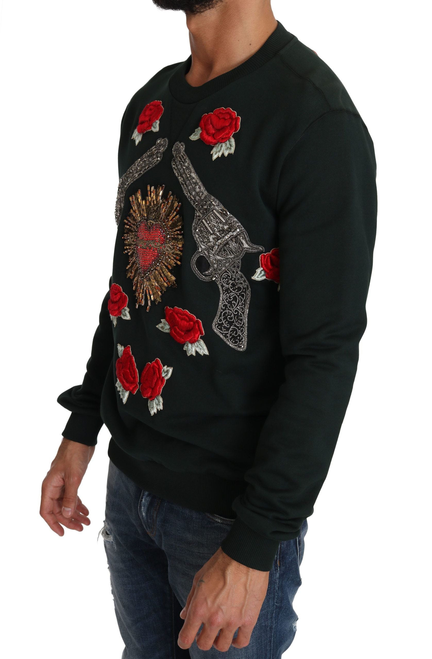 Emerald Cotton Sweater with Crystal Embroidery - ventzia