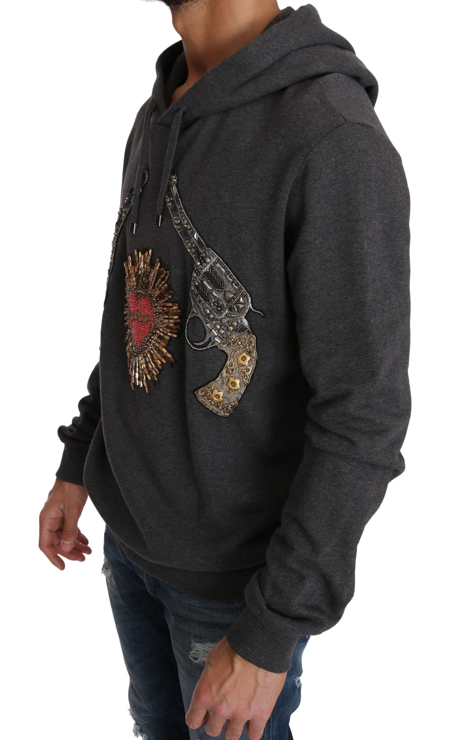 Gray Crystal Heart Gun Motif Sweater - ventzia