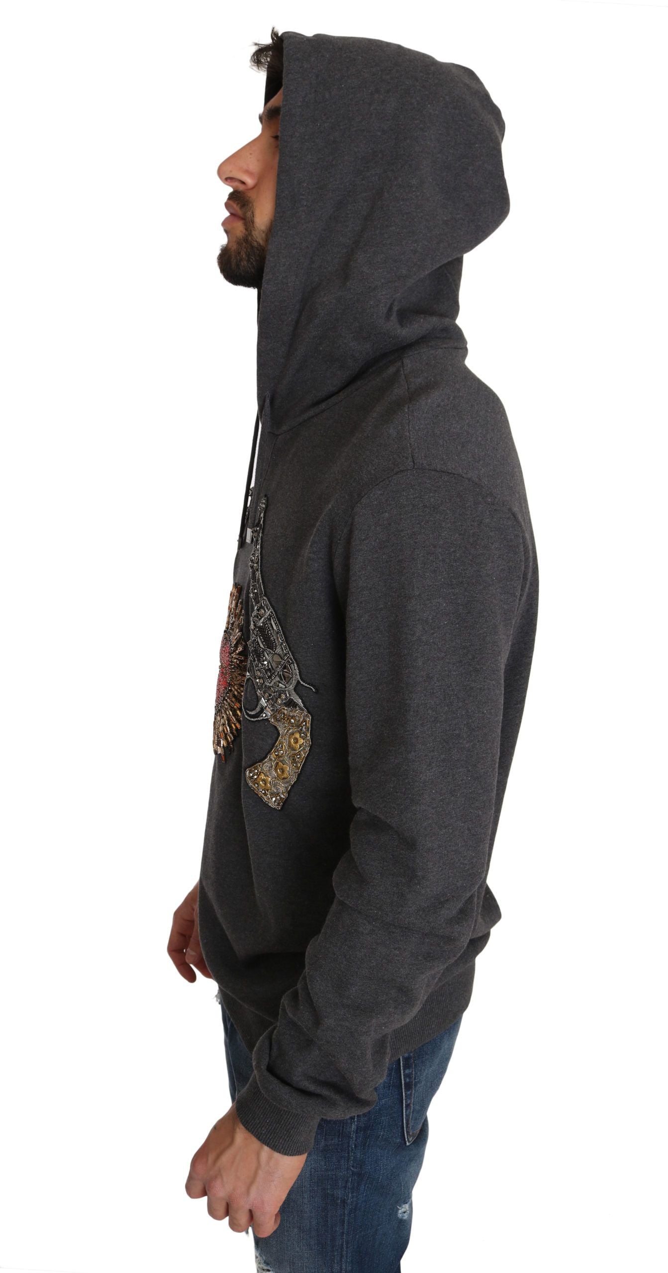 Gray Crystal Heart Gun Motif Sweater - ventzia