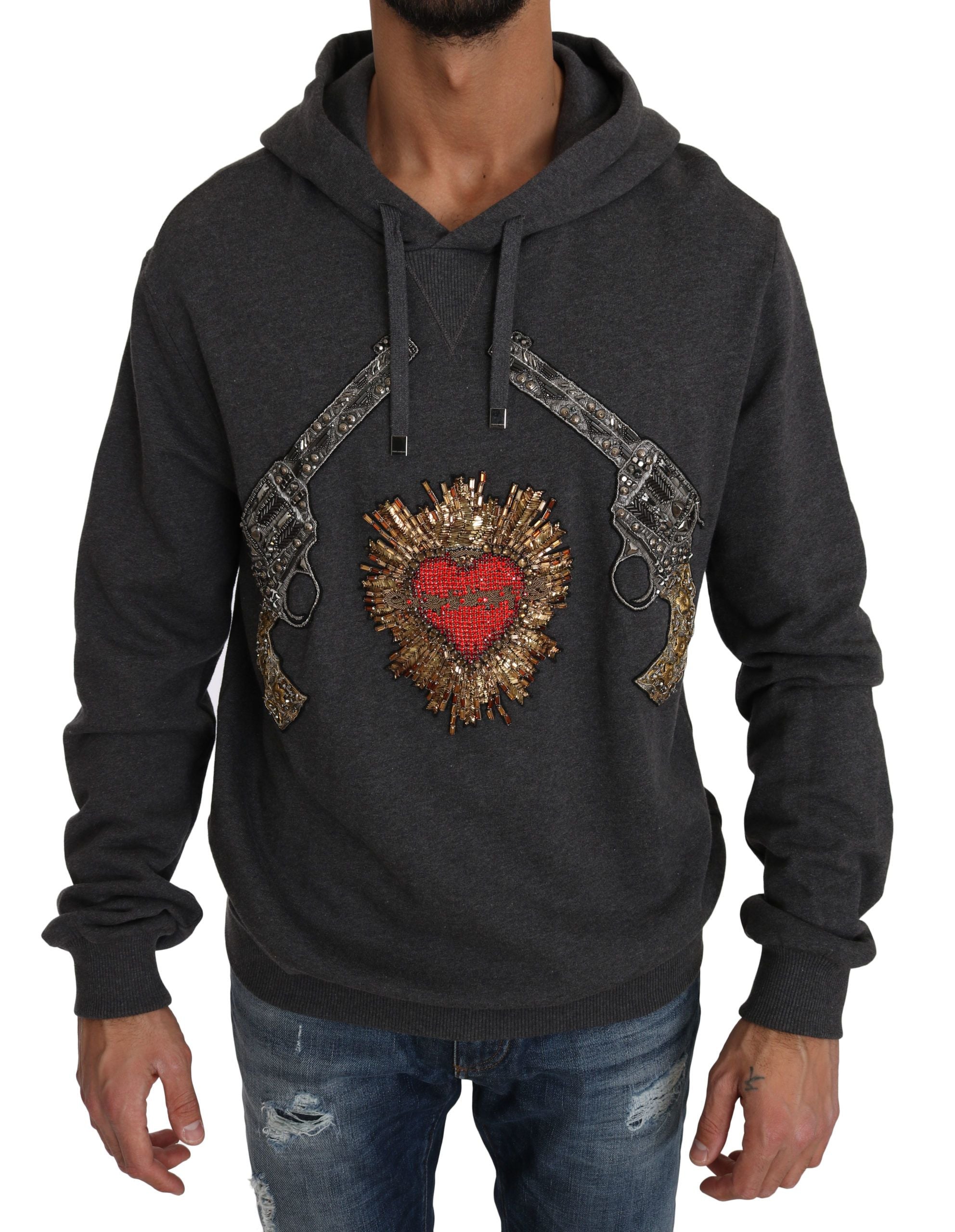 Gray Crystal Heart Gun Motif Sweater - ventzia
