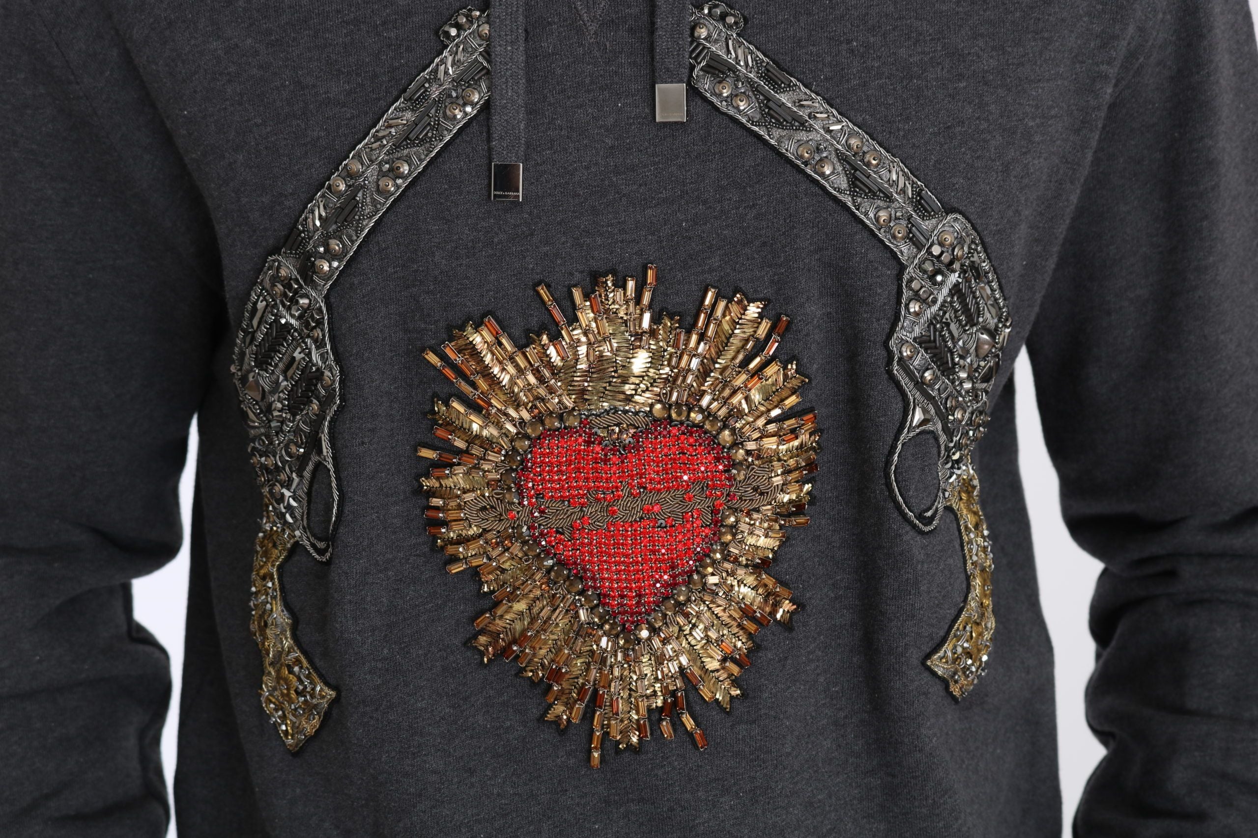 Gray Crystal Heart Gun Motif Sweater - ventzia