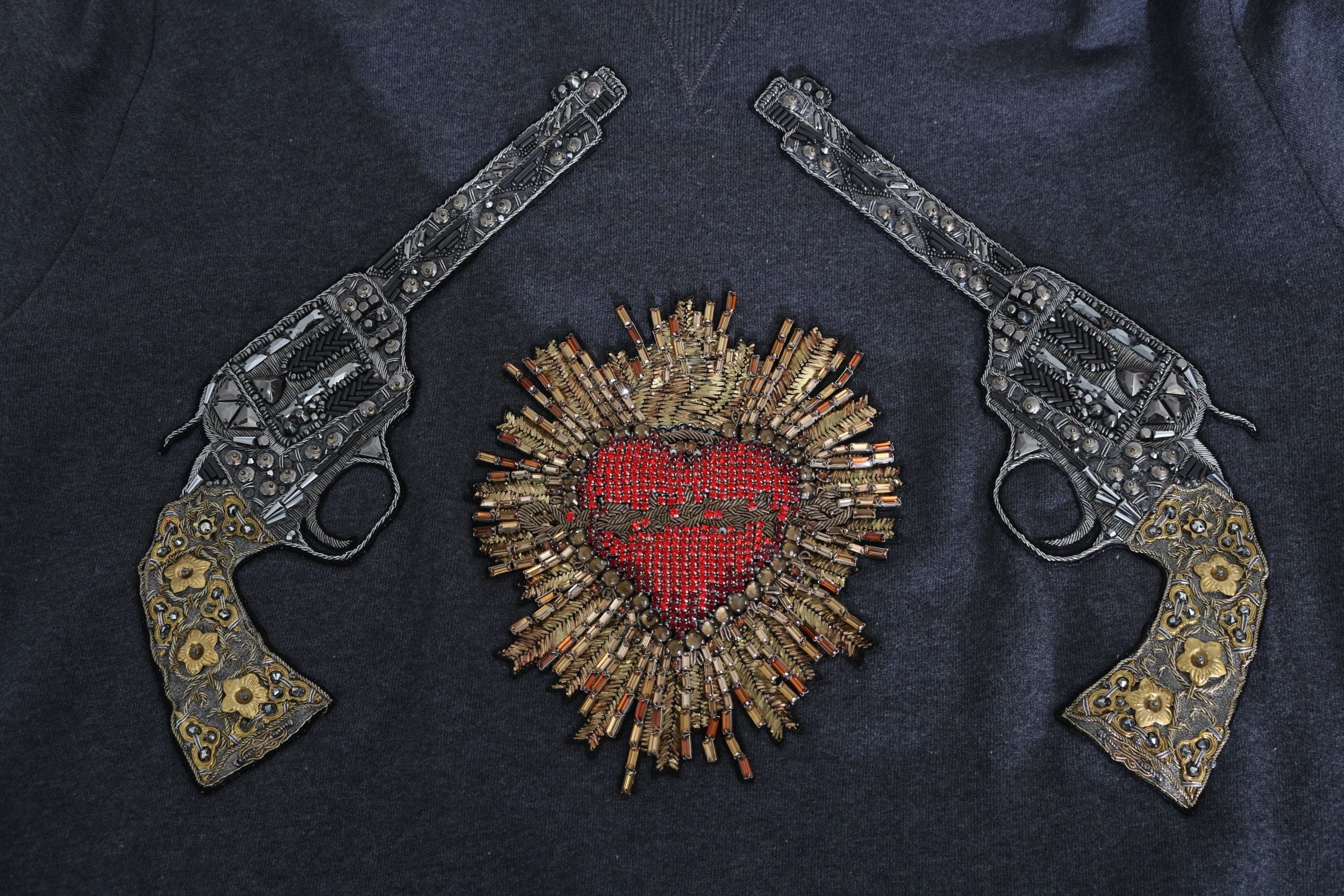Gray Crystal Heart Gun Motif Sweater - ventzia