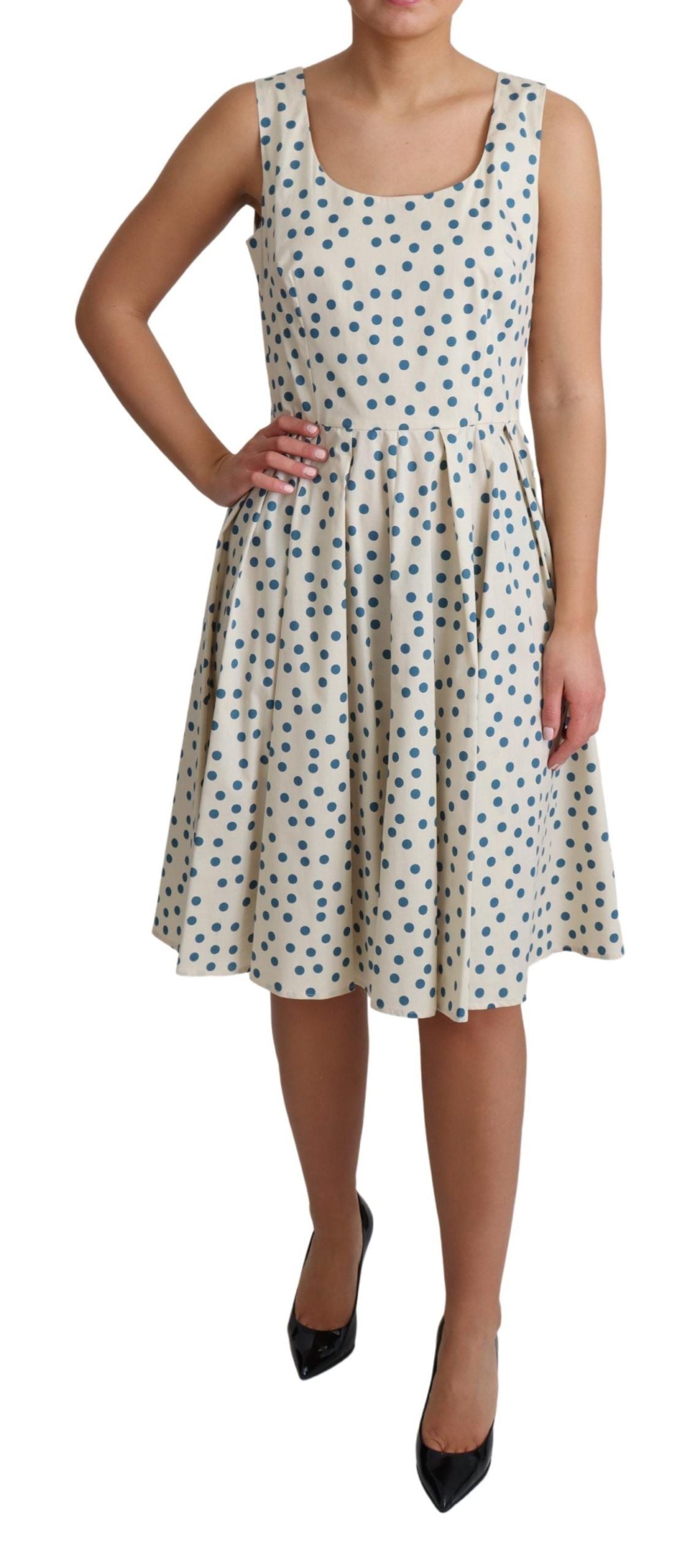 Elegant Beige Polka Dot A-Line Sleeveless Dress - ventzia