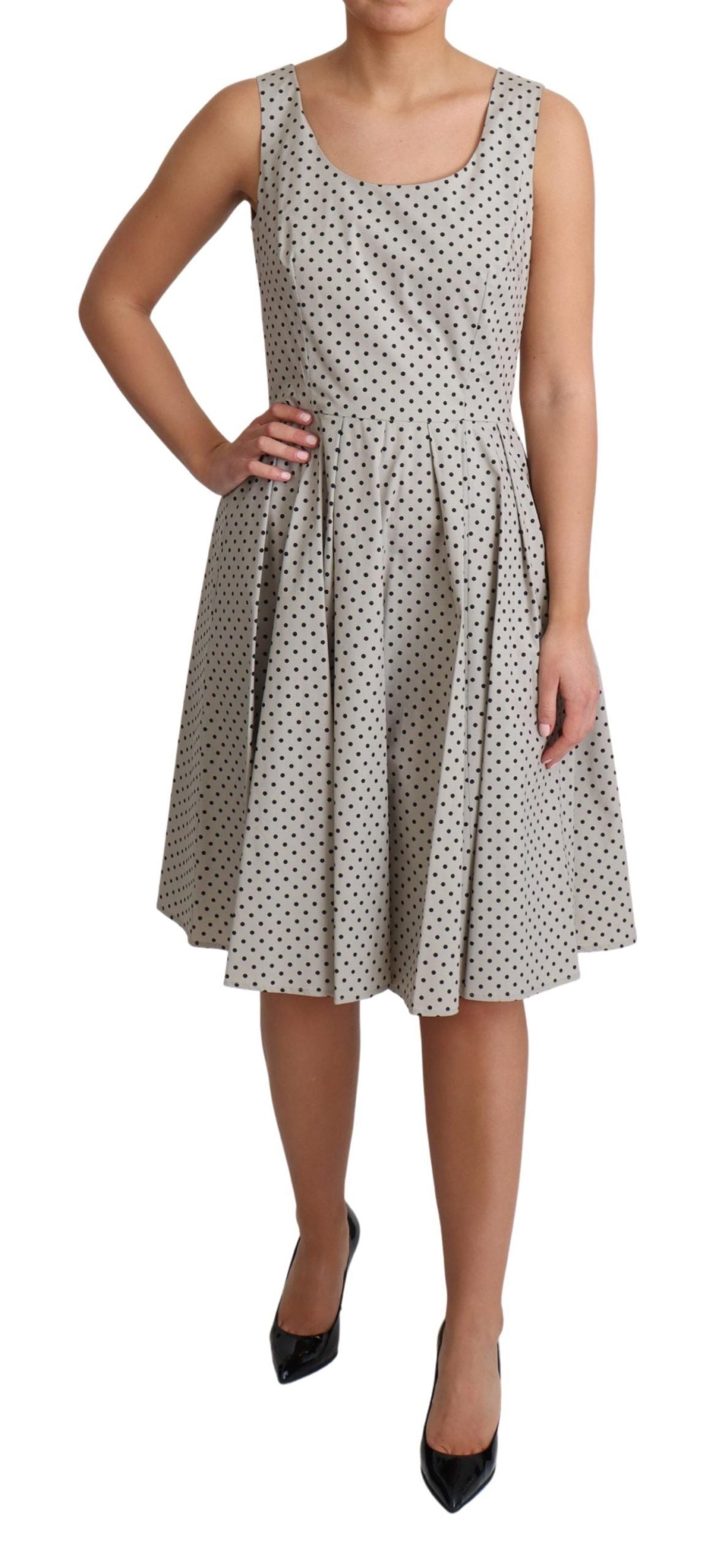 Polka-Dotted Beige Sleeveless A-line Dress - ventzia