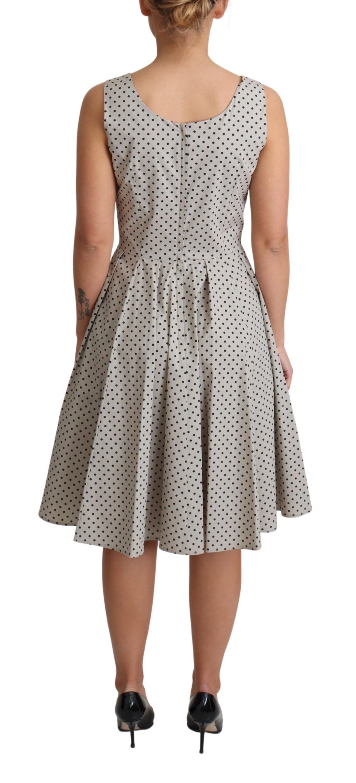 Polka-Dotted Beige Sleeveless A-line Dress - ventzia
