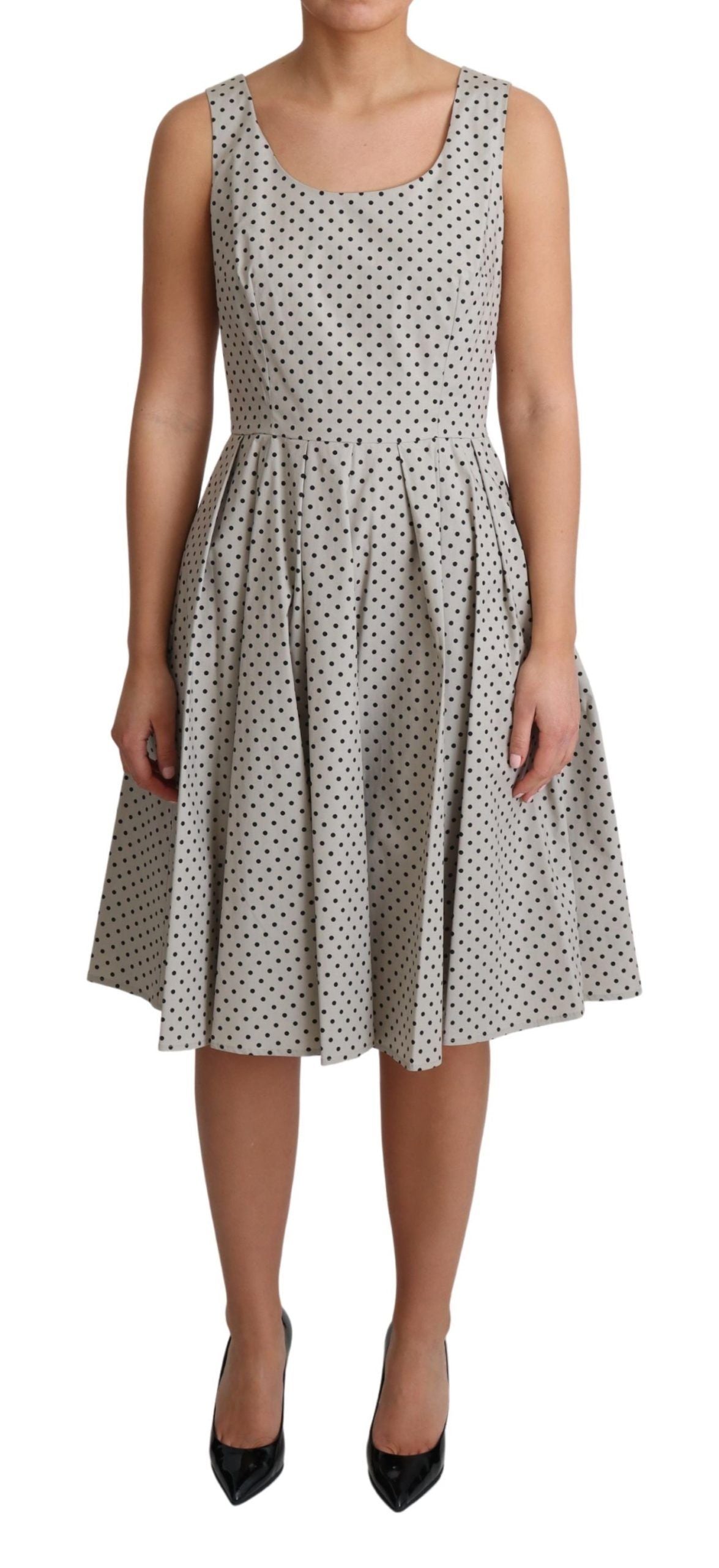 Polka-Dotted Beige Sleeveless A-line Dress - ventzia