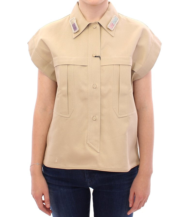 Sleeveless Beige Cotton Tank Top with Brooches - ventzia